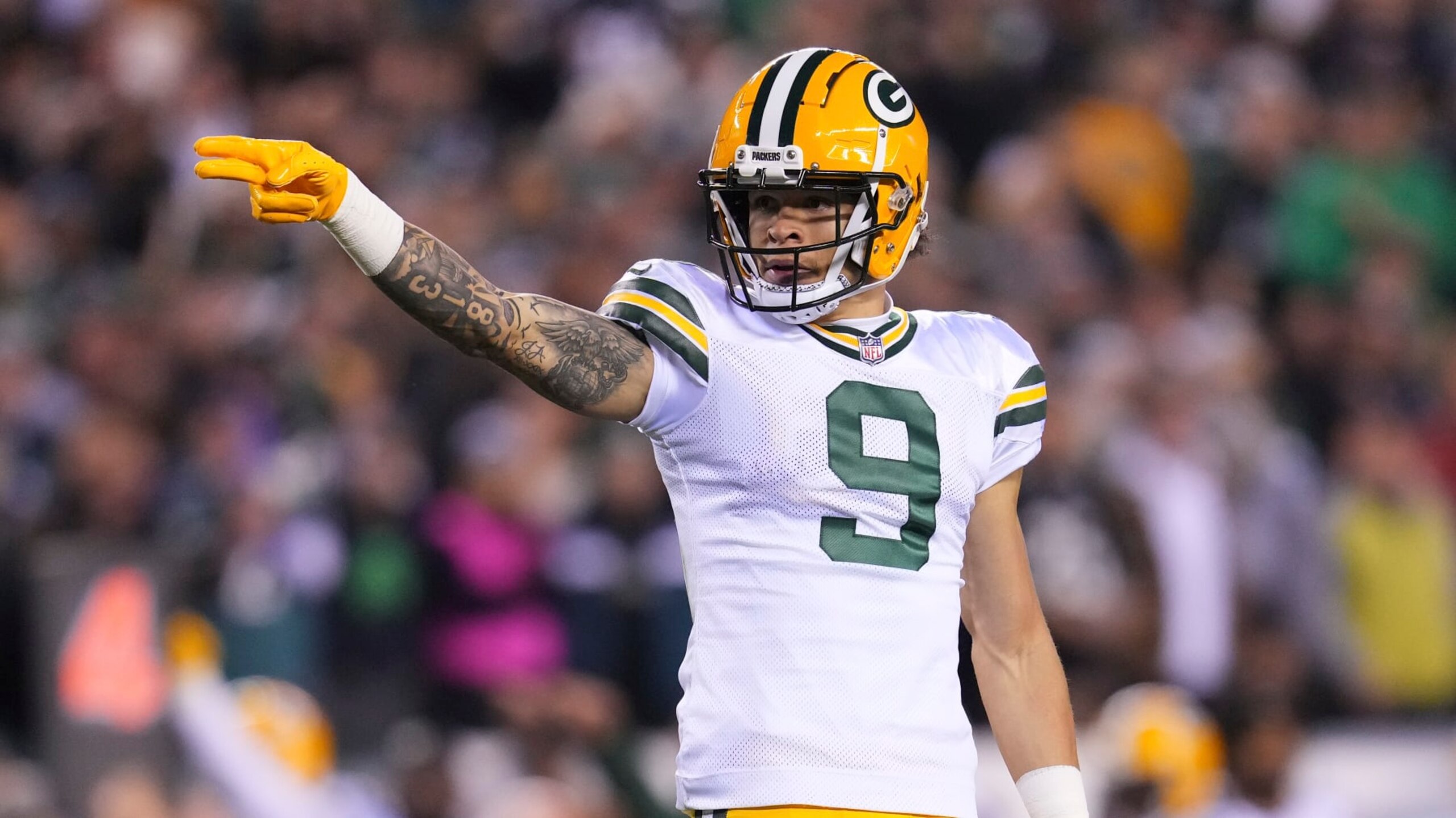 PHILADELPHIA, PA - NOVEMBER 27: Christian Watson #9 of the Green Bay Packers reacts after a first down against the Philadelphia Eagles at Lincoln Financial Field on November 27, 2022 in Philadelphia, Pennsylvania. (Photo by Mitchell Leff/Getty Images)