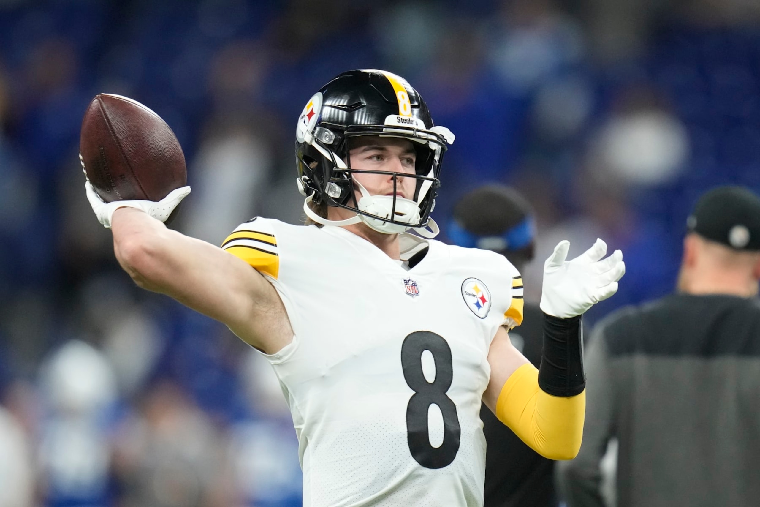 Pittsburgh Steelers quarterback Kenny Pickett throws before an NFL football game against the Indianapolis Colts, Monday, Nov. 28, 2022, in Indianapolis. (AP Photo/Michael Conroy)