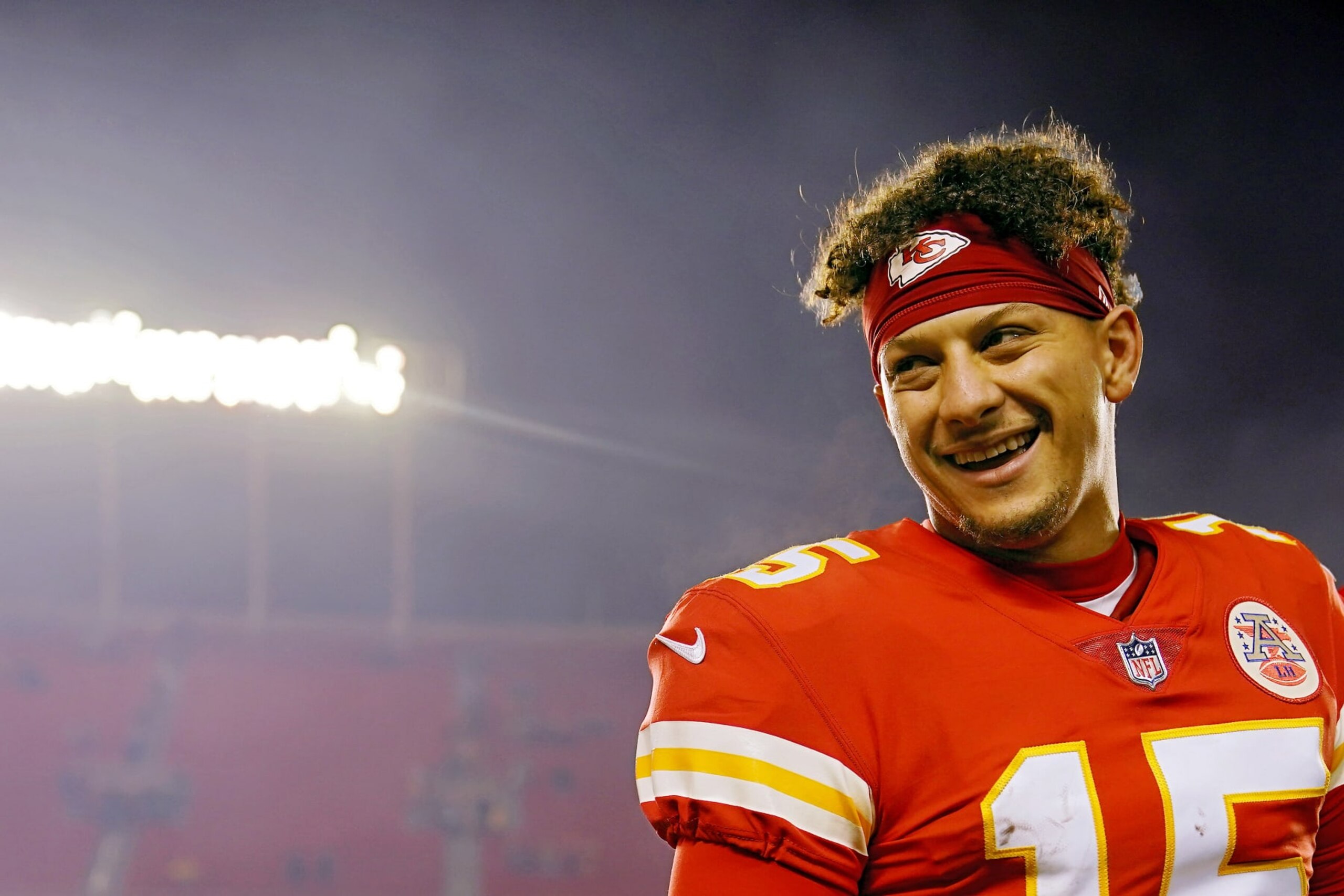 KANSAS CITY, MISSOURI - NOVEMBER 27: Patrick Mahomes #15 of the Kansas City Chiefs celebrates after a game against the Los Angeles Rams at Arrowhead Stadium on November 27, 2022 in Kansas City, Missouri. (Photo by Jason Hanna/Getty Images)