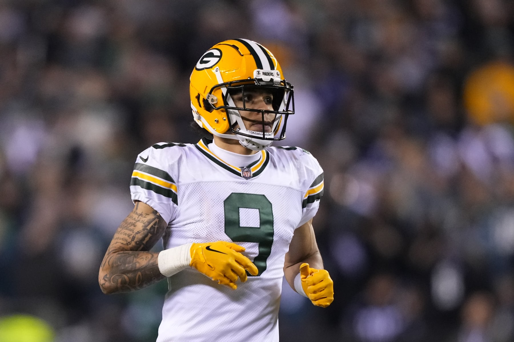 Green Bay Packers wide receiver Christian Watson in action during an NFL football game, Sunday, Nov. 27, 2022, in Philadelphia. (AP Photo/Matt Rourke)