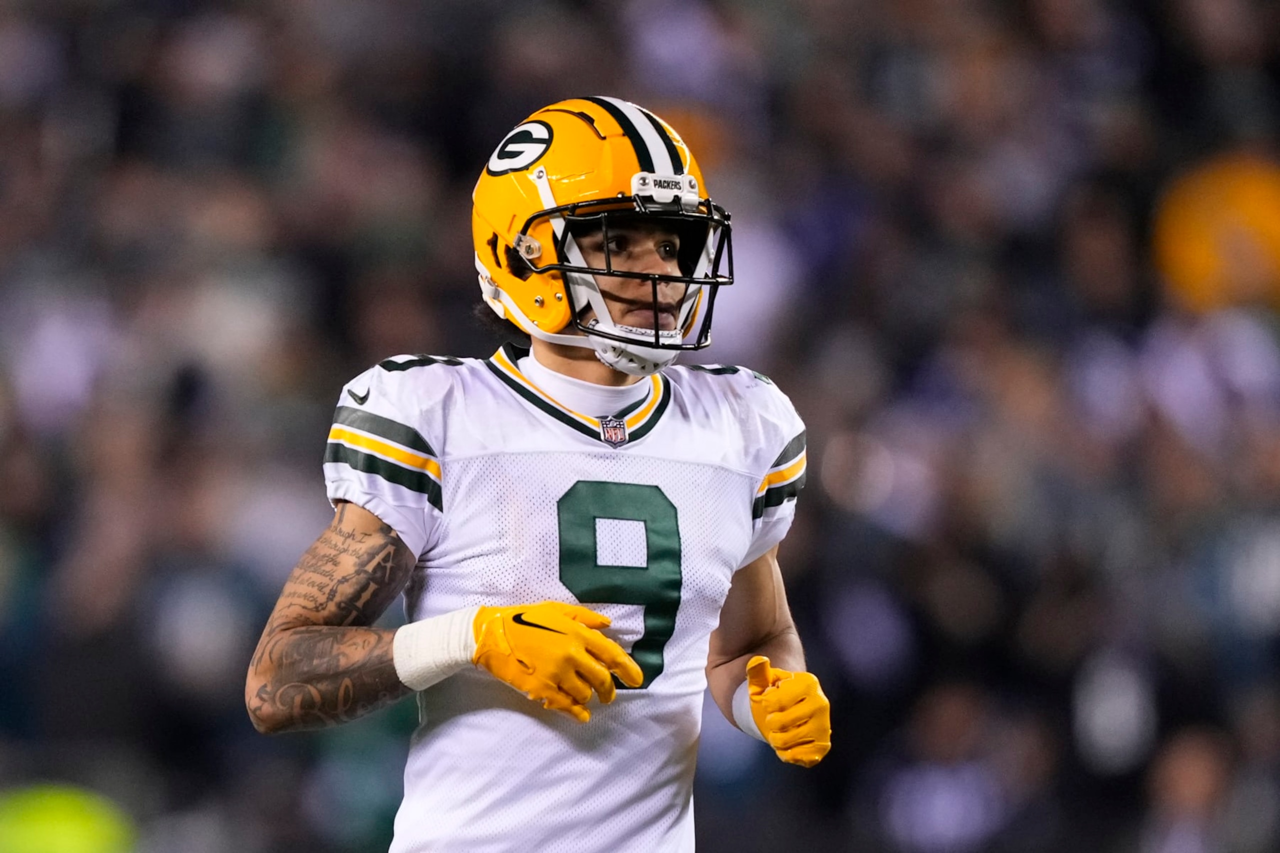Green Bay Packers wide receiver Christian Watson in action during an NFL football game, Sunday, Nov. 27, 2022, in Philadelphia. (AP Photo/Matt Rourke)