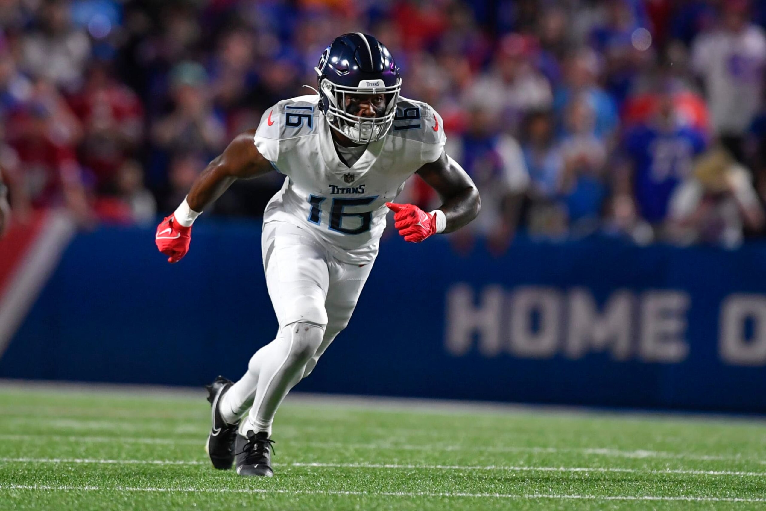 Tennessee Titans' Treylon Burks (16) during the first half of an NFL football game against the Buffalo Bills Monday, Sept. 19, 2022, in Orchard Park, N.Y. (AP Photo/Adrian Kraus)