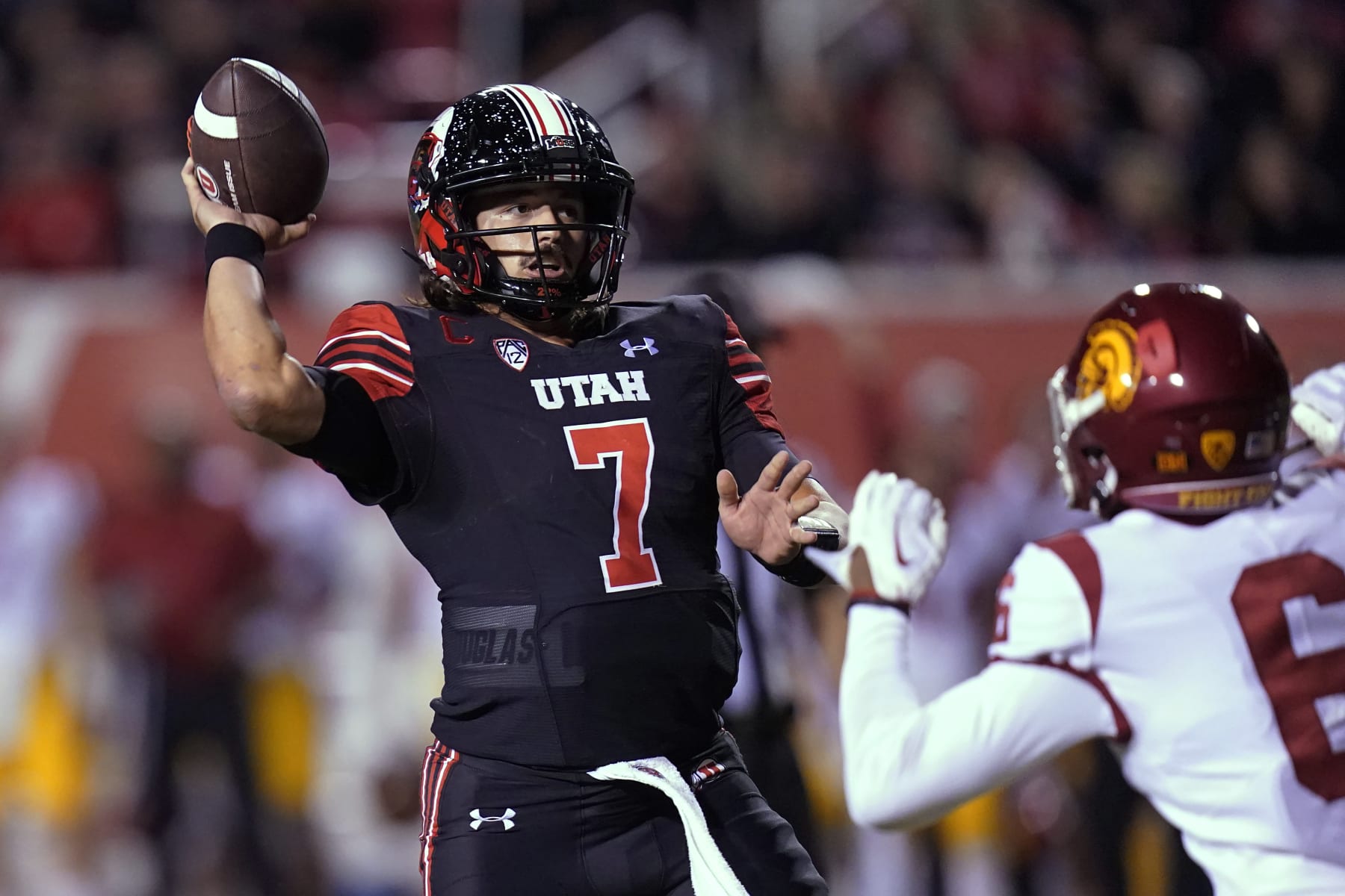 Utah quarterback Cameron Rising (7) throws a pass against Southern California during the second half of an NCAA college football game Saturday, Oct. 15, 2022, in Salt Lake City. (AP Photo/Rick Bowmer)