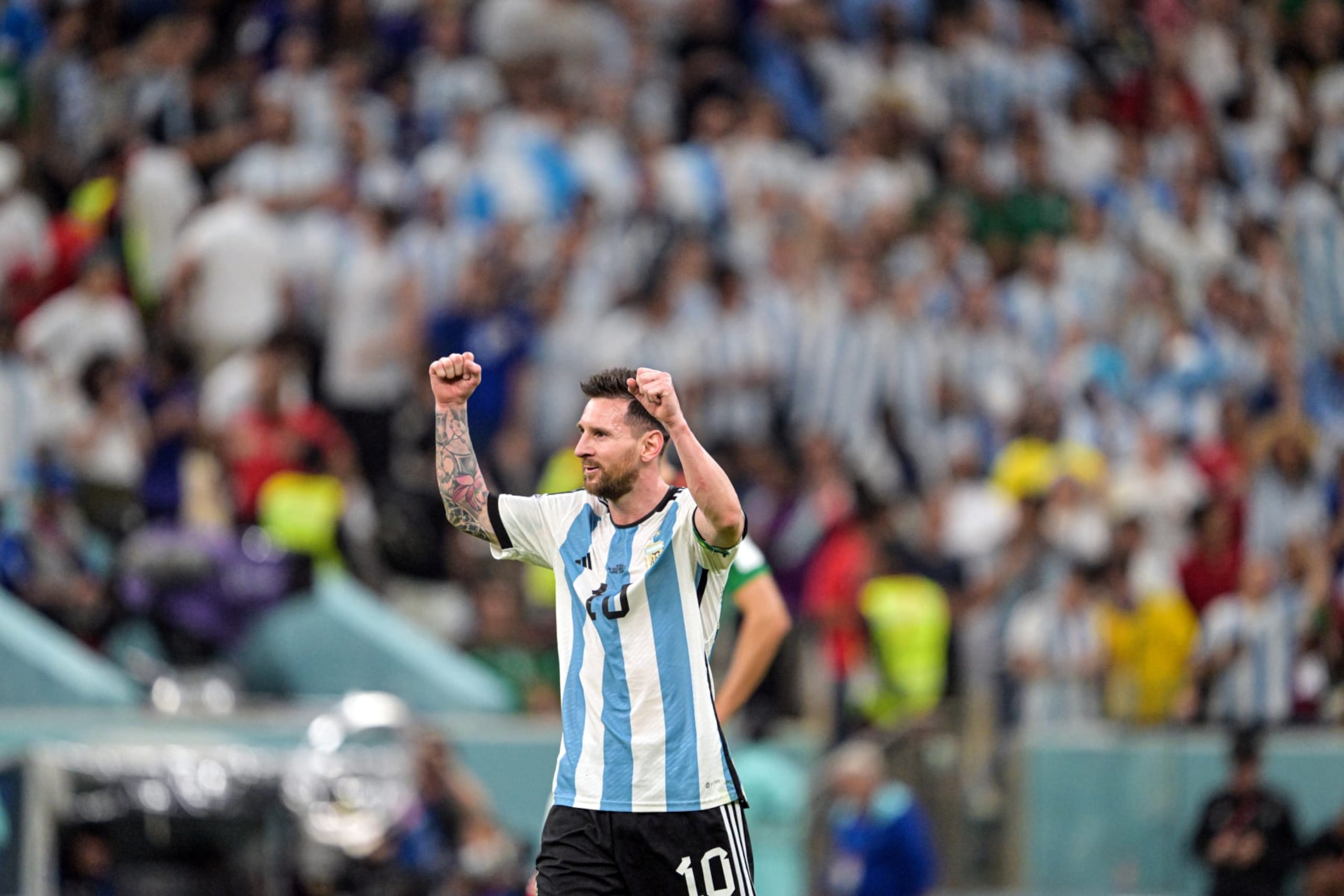LUSAIL CITY, QATAR - NOVEMBER 26: Lionel Messi of Argentina celebrates after a goal during the FIFA World Cup Qatar 2022 Group C match between Argentina and Mexico at Lusail Stadium on November 26, 2022 in Lusail City, Qatar. (Photo by Salih Zeki Fazlioglu/Anadolu Agency via Getty Images)