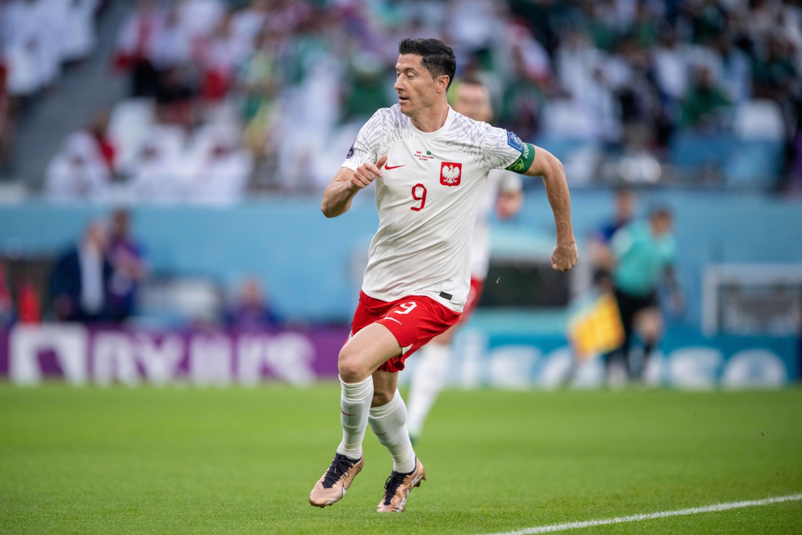 AL RAYYAN, QATAR - NOVEMBER 26: Robert Lewandowski of Poland during the FIFA World Cup Qatar 2022 Group C match between Poland and Saudi Arabia at Education City Stadium on November 26, 2022 in Al Rayyan, Qatar. (Photo by Sebastian Frej/MB Media/Getty Images)