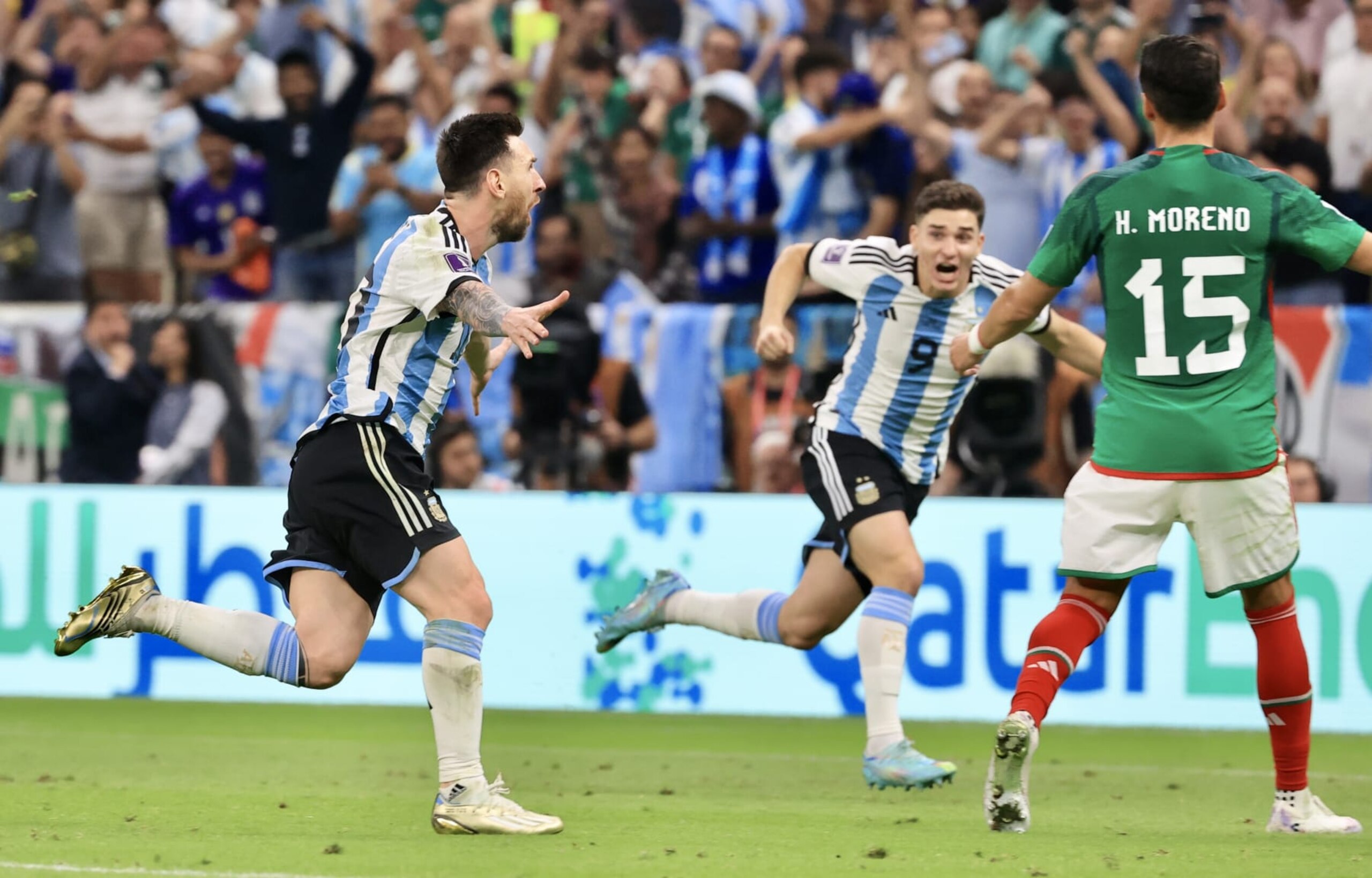 LUSAIL CITY, QATAR - NOVEMBER 26: Lionel Messi (10) of Argentina celebrates after scoring a goal during the FIFA World Cup Qatar 2022 Group C match between Argentina and Mexico at Lusail Stadium on November 26, 2022 in Lusail City, Qatar. (Photo by Mohammed Dabbous/Anadolu Agency via Getty Images)