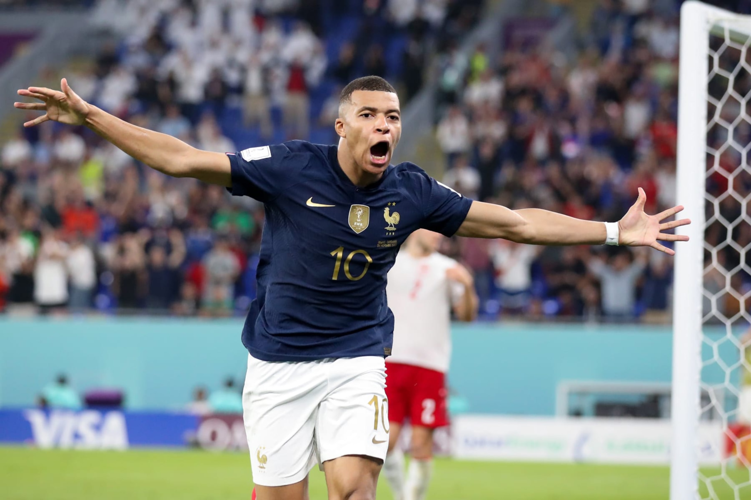 DOHA, QATAR - NOVEMBER 26: Kylian Mbappe of France celebrates as he scores the goal 2: during the FIFA World Cup Qatar 2022 Group D match between France and Denmark at Stadium 974 on November 26, 2022 in Doha, Qatar. (Photo by Stefan Matzke - sampics/Corbis via Getty Images)