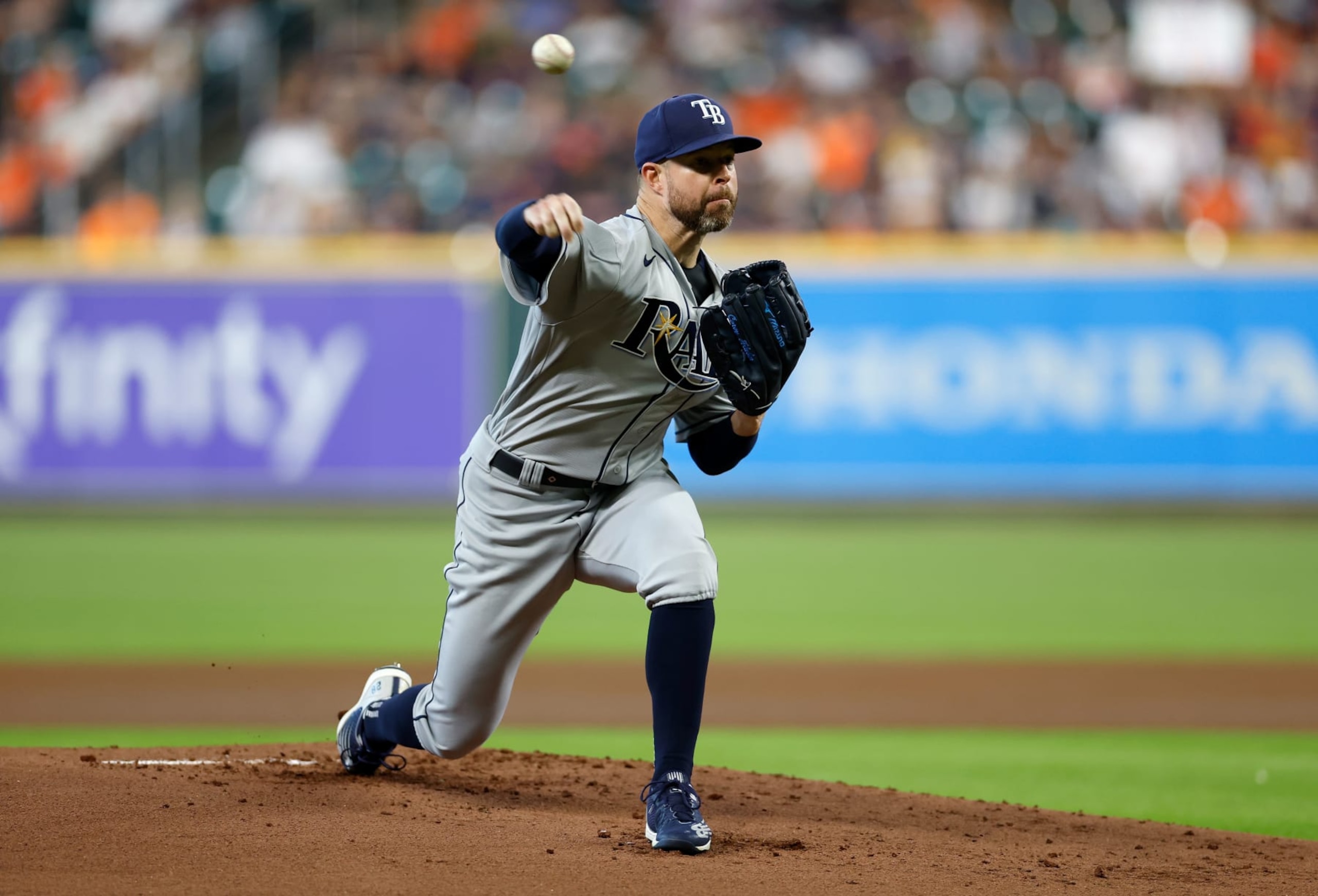 HOUSTON, TEXAS - OCTOBER 02: Corey Kluber #28 of the Tampa Bay Rays pitches in the first inning against the Houston Astros at Minute Maid Park on October 02, 2022 in Houston, Texas. (Photo by Tim Warner/Getty Images)