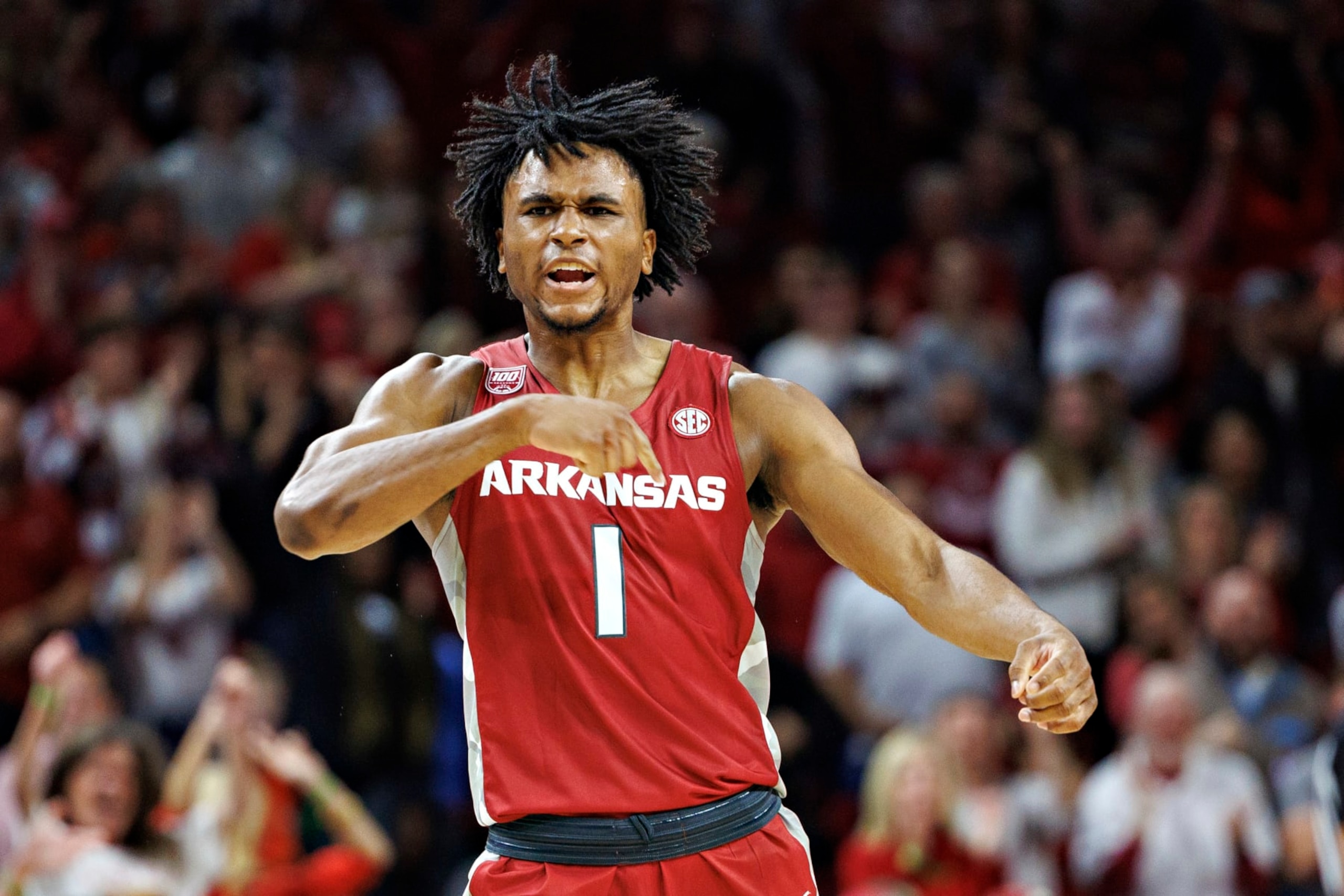 FAYETTEVILLE, ARKANSAS - NOVEMBER 11:  Ricky Council IV #1 of the Arkansas Razorbacks celebrates after a big play during a game against the Fordham Rams at Bud Walton Arena on November 11, 2022 in Fayetteville, Arkansas. The Razorbacks defeated the Rams 74-48.  (Photo by Wesley Hitt/Getty Images)