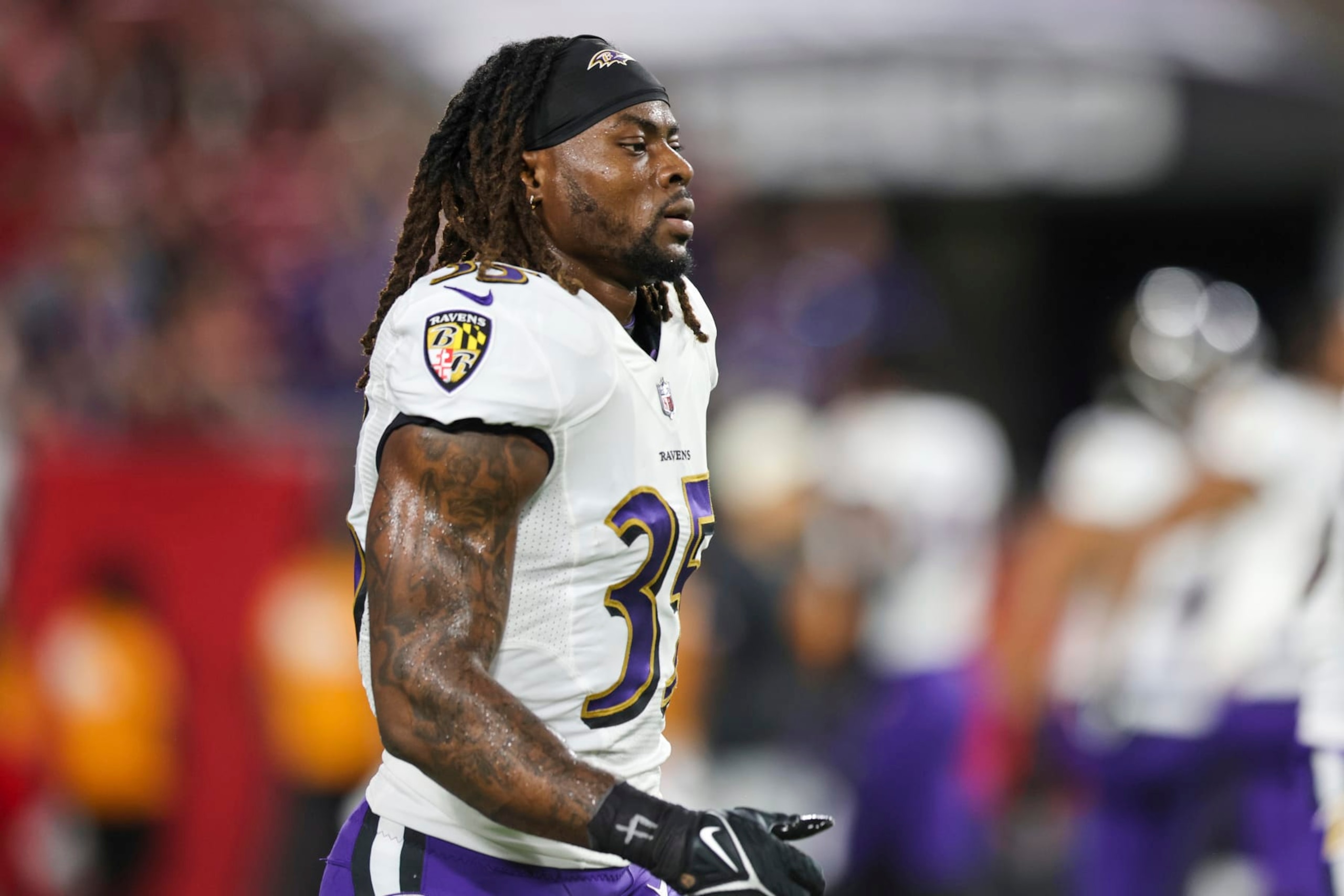 Baltimore Ravens running back Gus Edwards (35) warms up during a NFL football game against the Tampa Bay Buccaneers,Thursday, Oct. 27, 2022 in Tampa, Fla. (AP Photo/Alex Menendez)