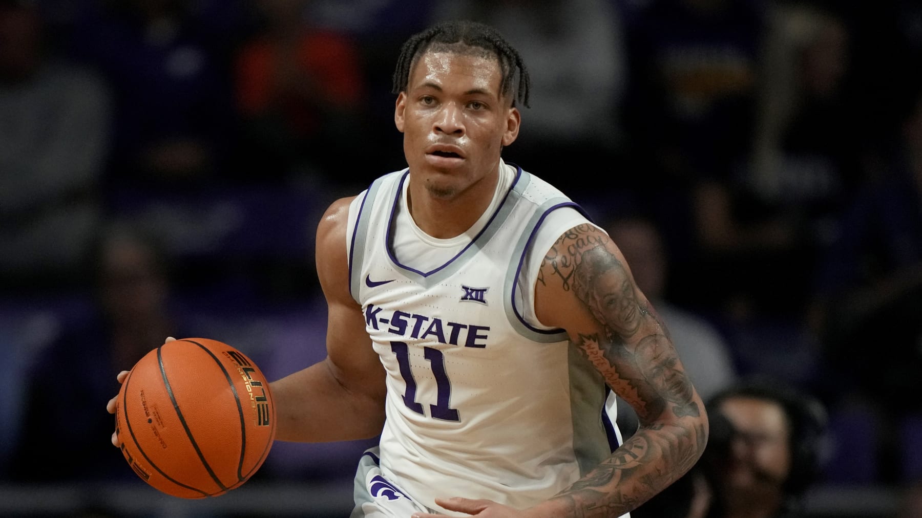 Kansas State forward Keyontae Johnson drives during the first half of an NCAA college basketball game against Texas-Rio Grande Valley Monday, Nov. 7, 2022, in Manhattan, Kan. (AP Photo/Charlie Riedel)