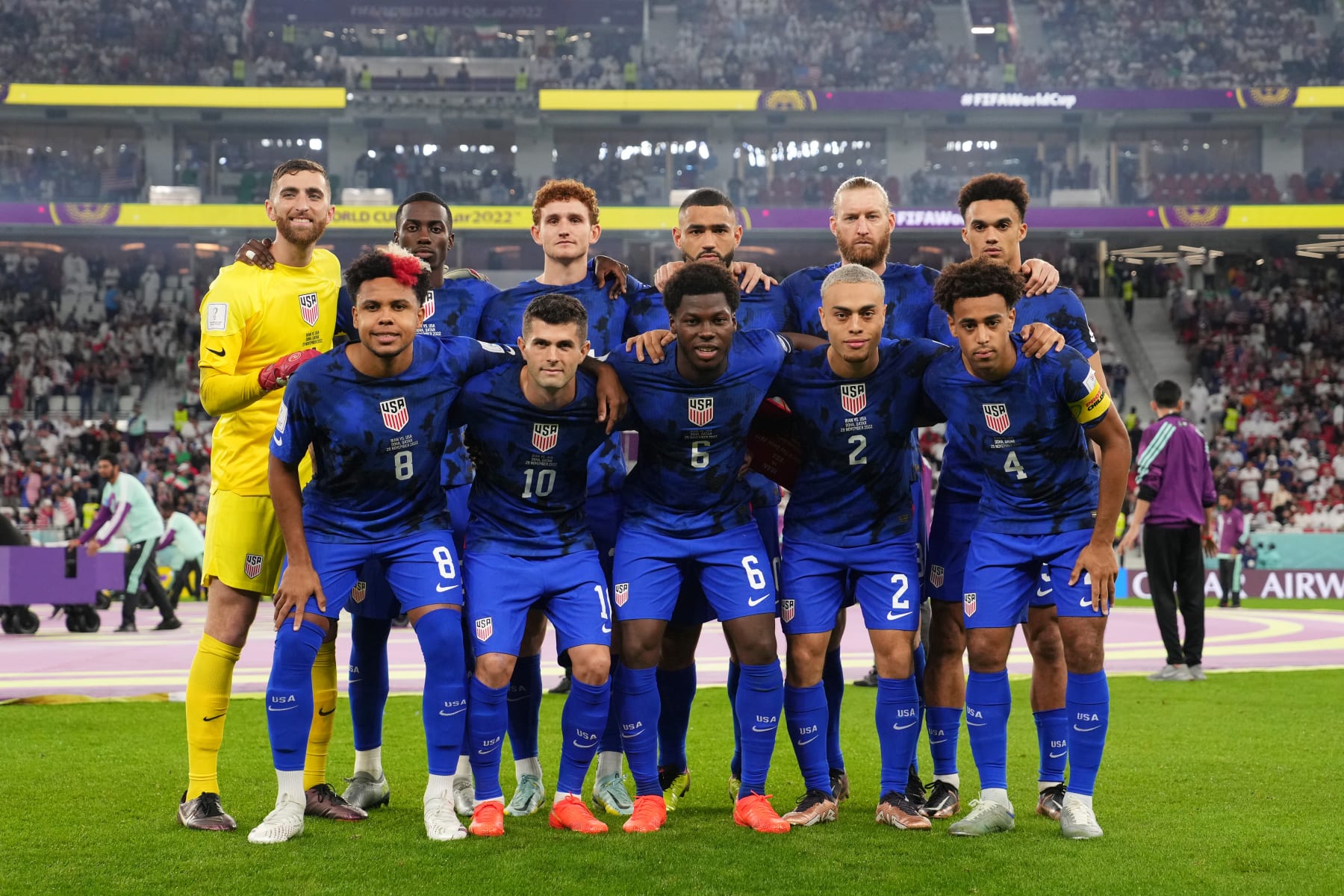 DOHA, QATAR - NOVEMBER 29: United States players pose for a photo prior to the FIFA World Cup Qatar 2022 Group B match between IR Iran and USA at Al Thumama Stadium on November 29, 2022 in Doha, Qatar. (Photo by Alex Caparros - FIFA/FIFA via Getty Images)