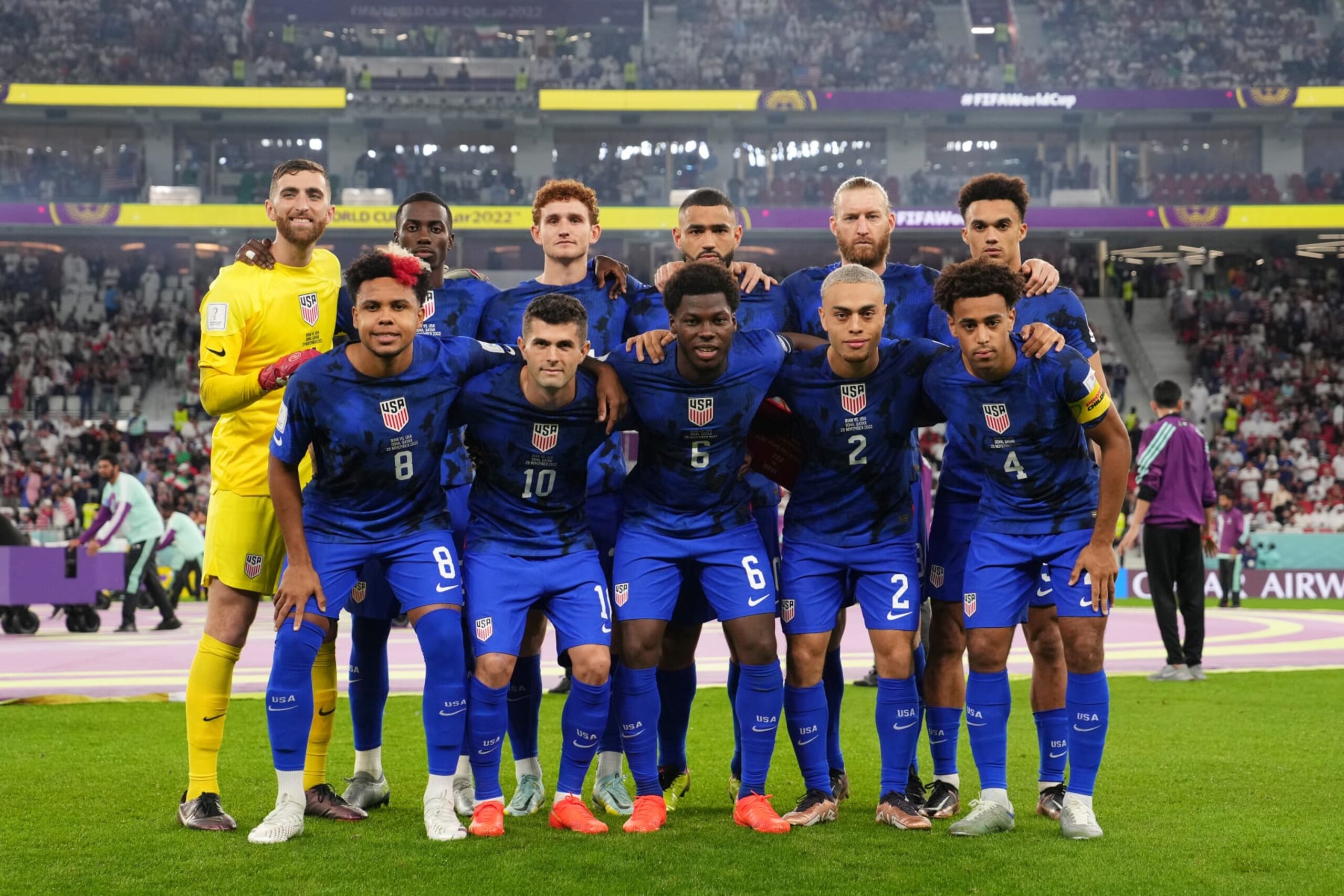 DOHA, QATAR - NOVEMBER 29: United States players pose for a photo prior to the FIFA World Cup Qatar 2022 Group B match between IR Iran and USA at Al Thumama Stadium on November 29, 2022 in Doha, Qatar. (Photo by Alex Caparros - FIFA/FIFA via Getty Images)