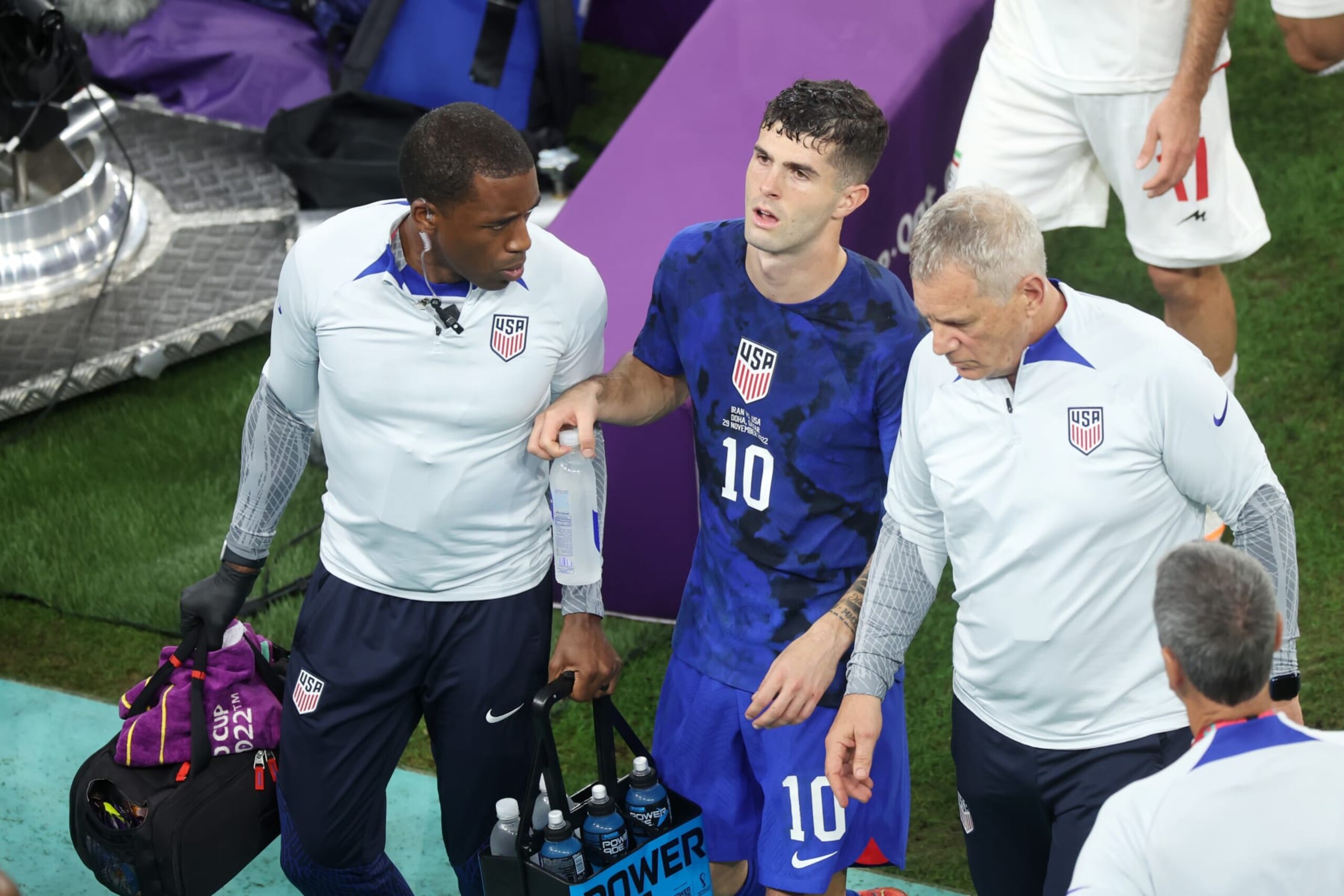 DOHA, QATAR - NOVEMBER 29: Christian Pulisic of United States receives medical treatment at half time during the FIFA World Cup Qatar 2022 Group B match between IR Iran and USA at Al Thumama Stadium on November 29, 2022 in Doha, Qatar. (Photo by Alex Grimm/Getty Images) DOHA, QATAR - NOVEMBER 29: Christian Pulisic of United States receives medical treatment at half time during the FIFA World Cup Qatar 2022 Group B match between IR Iran and USA at Al Thumama Stadium on November 29, 2022 in Doha, Qatar. (Photo by Alex Grimm/Getty Images)