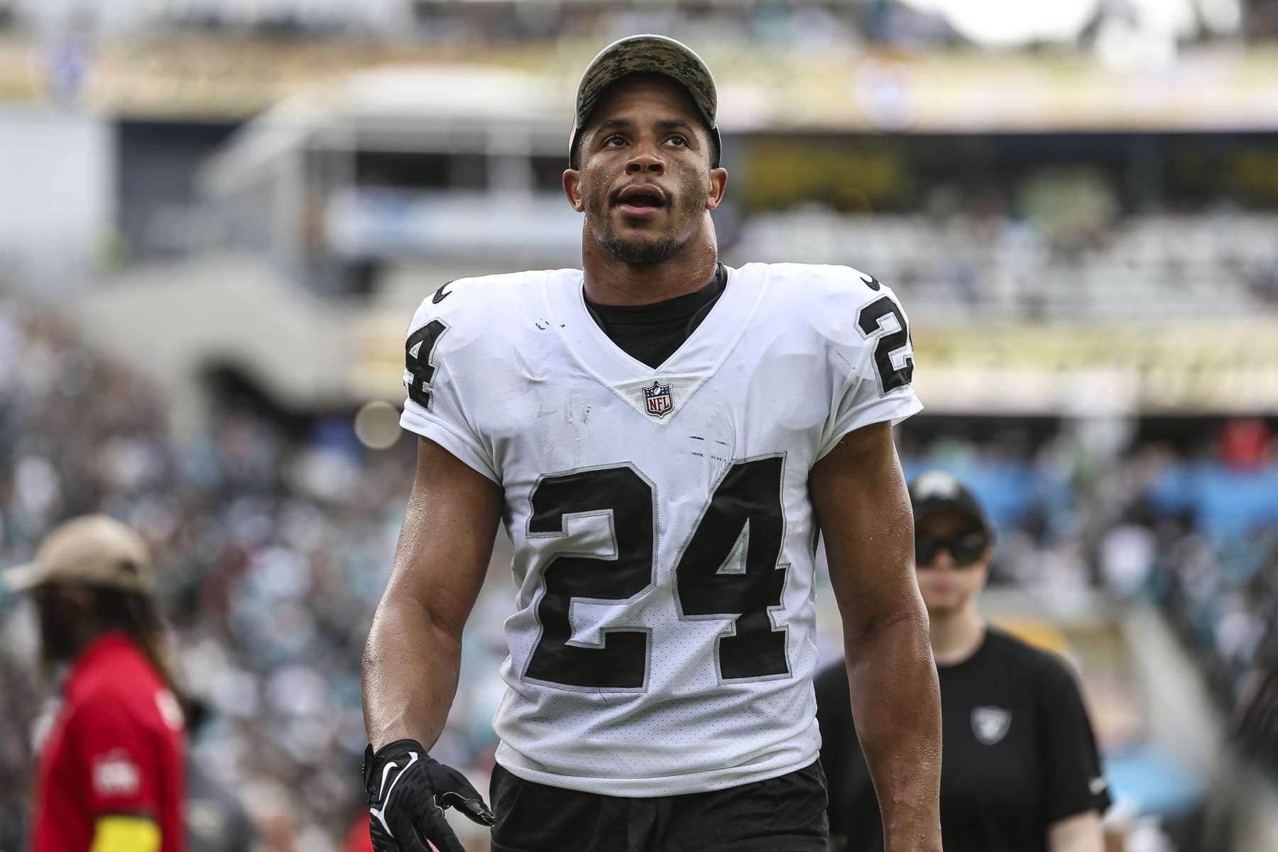Las Vegas Raiders safety Johnathan Abram (24) leaves the field at halftime of an NFL football game against the Jacksonville Jaguars on Sunday, Nov. 6, 2022, in Jacksonville, Fla. (AP Photo/Gary McCullough)