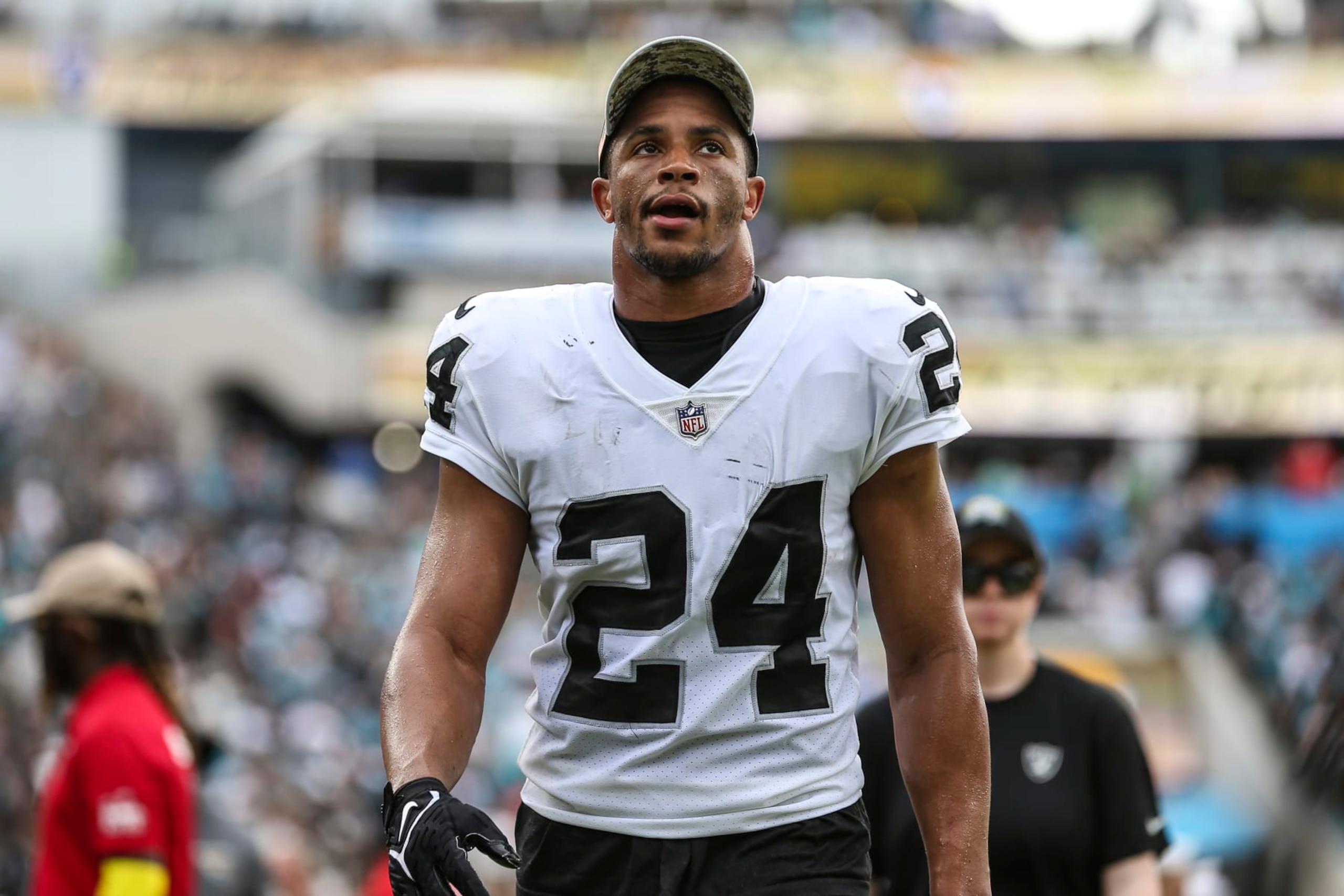 Las Vegas Raiders safety Johnathan Abram (24) leaves the field at halftime of an NFL football game against the Jacksonville Jaguars on Sunday, Nov. 6, 2022, in Jacksonville, Fla. (AP Photo/Gary McCullough)