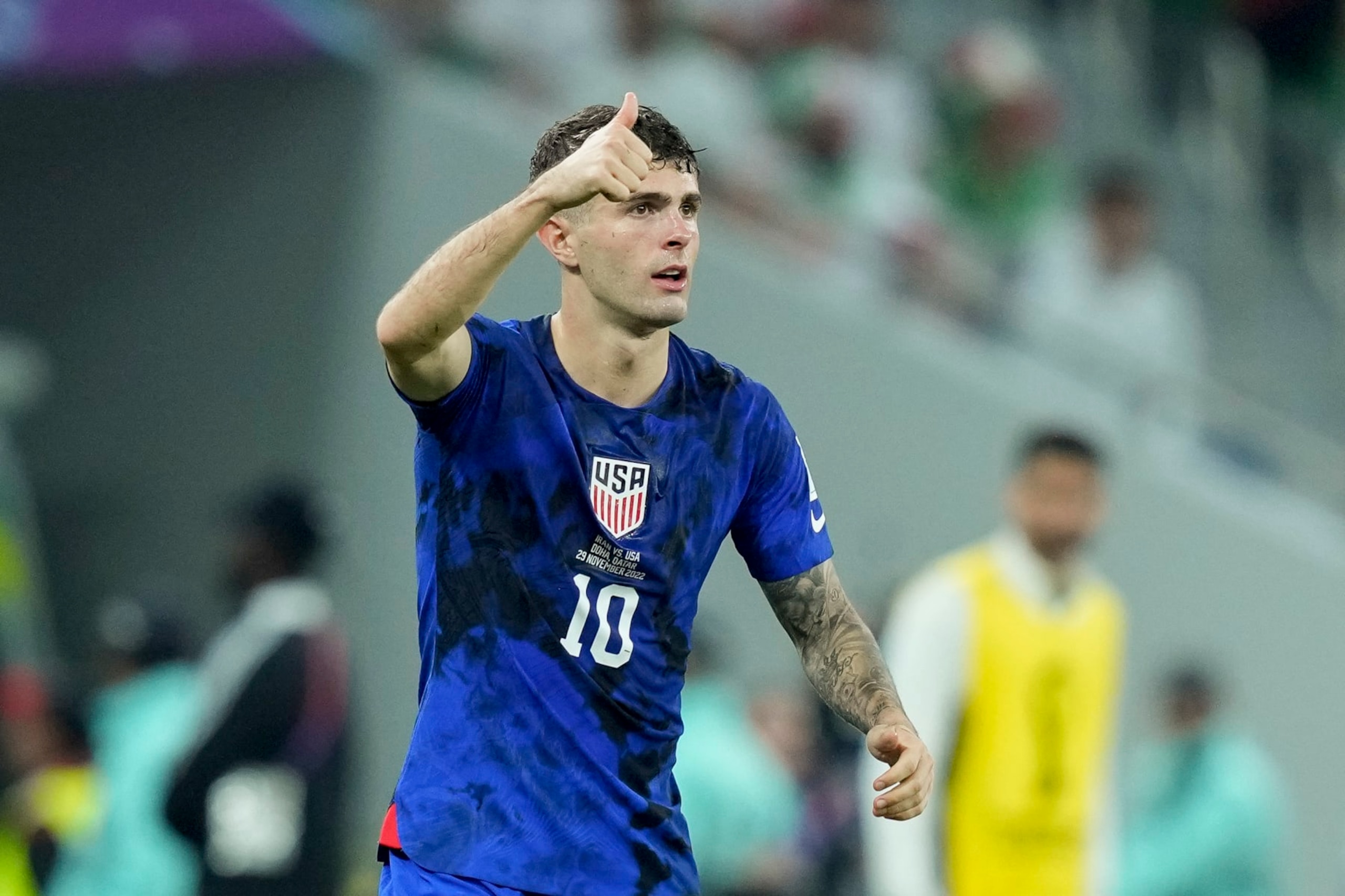 DOHA, QATAR - NOVEMBER 29: Christian Pulisic of USA gestures during the FIFA World Cup Qatar 2022 Group B match between IR Iran and USA at Al Thumama Stadium on November 29, 2022 in Doha, Qatar. (Photo by Mohammad Karamali/DeFodi Images via Getty Images)