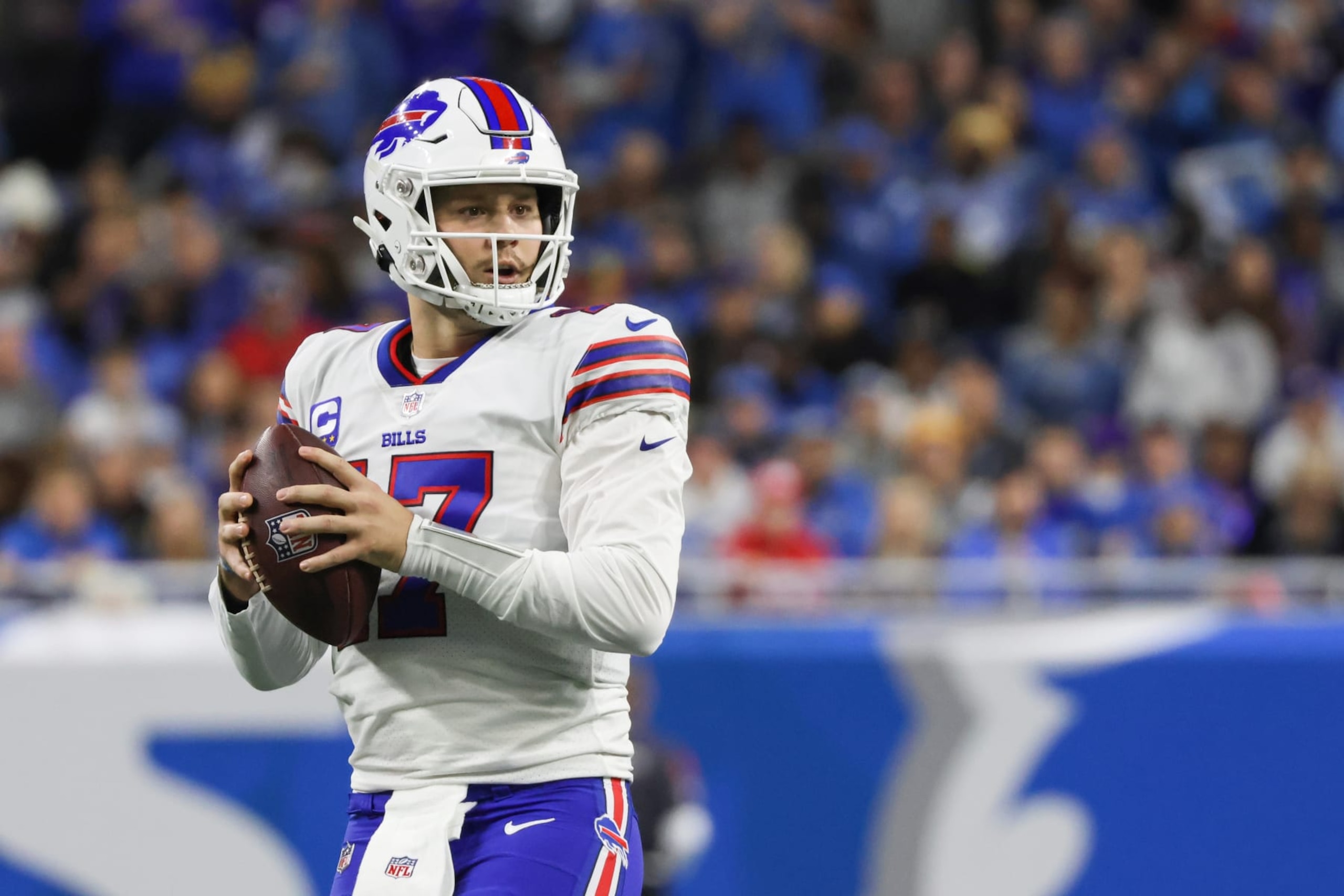 DETROIT, MI - NOVEMBER 24: Buffalo Bills quarterback Josh Allen (17) looks for a receiver during a regular season NFL football game between the Buffalo Bills and the Detroit Lions on Thanksgiving Day on November 24, 2022 at Ford Field in Detroit, Michigan. (Photo by Scott W. Grau/Icon Sportswire via Getty Images) DETROIT, MI - NOVEMBER 24: Buffalo Bills quarterback Josh Allen (17) looks for a receiver during a regular season NFL football game between the Buffalo Bills and the Detroit Lions on Thanksgiving Day on November 24, 2022 at Ford Field in Detroit, Michigan. (Photo by Scott W. Grau/Icon Sportswire via Getty Images)