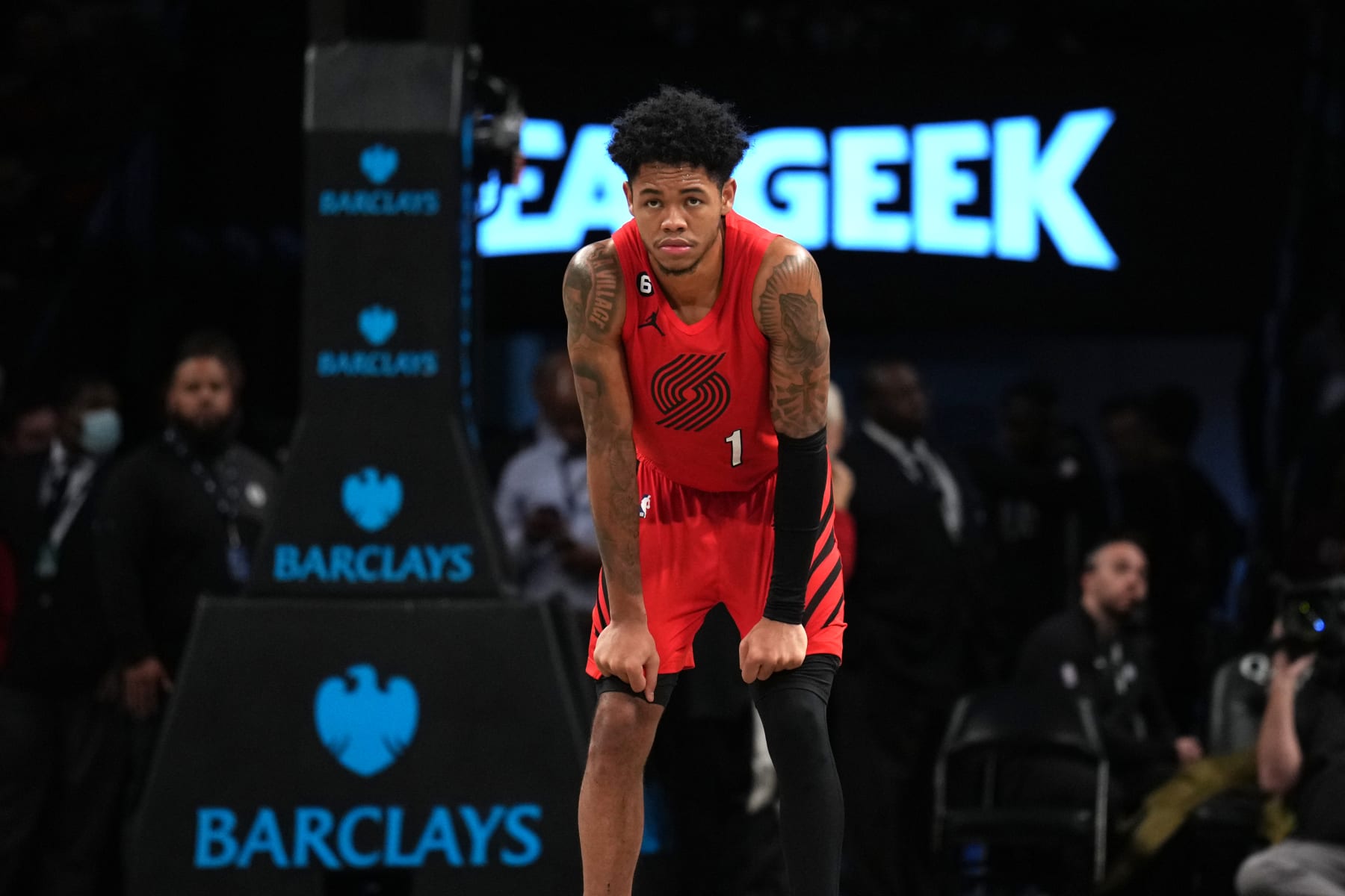 BROOKLYN, NY - NOVEMBER 27: Anfernee Simons #1 of the Portland Trail Blazers looks on during the game against the Brooklyn Nets on November 27, 2022 at Barclays Center Brooklyn, New York. NOTE TO USER: User expressly acknowledges and agrees that, by downloading and or using this Photograph, user is consenting to the terms and conditions of the Getty Images License Agreement. Mandatory Copyright Notice: Copyright 2022 NBAE (Photo by Jesse D. Garrabrant/NBAE via Getty Images)