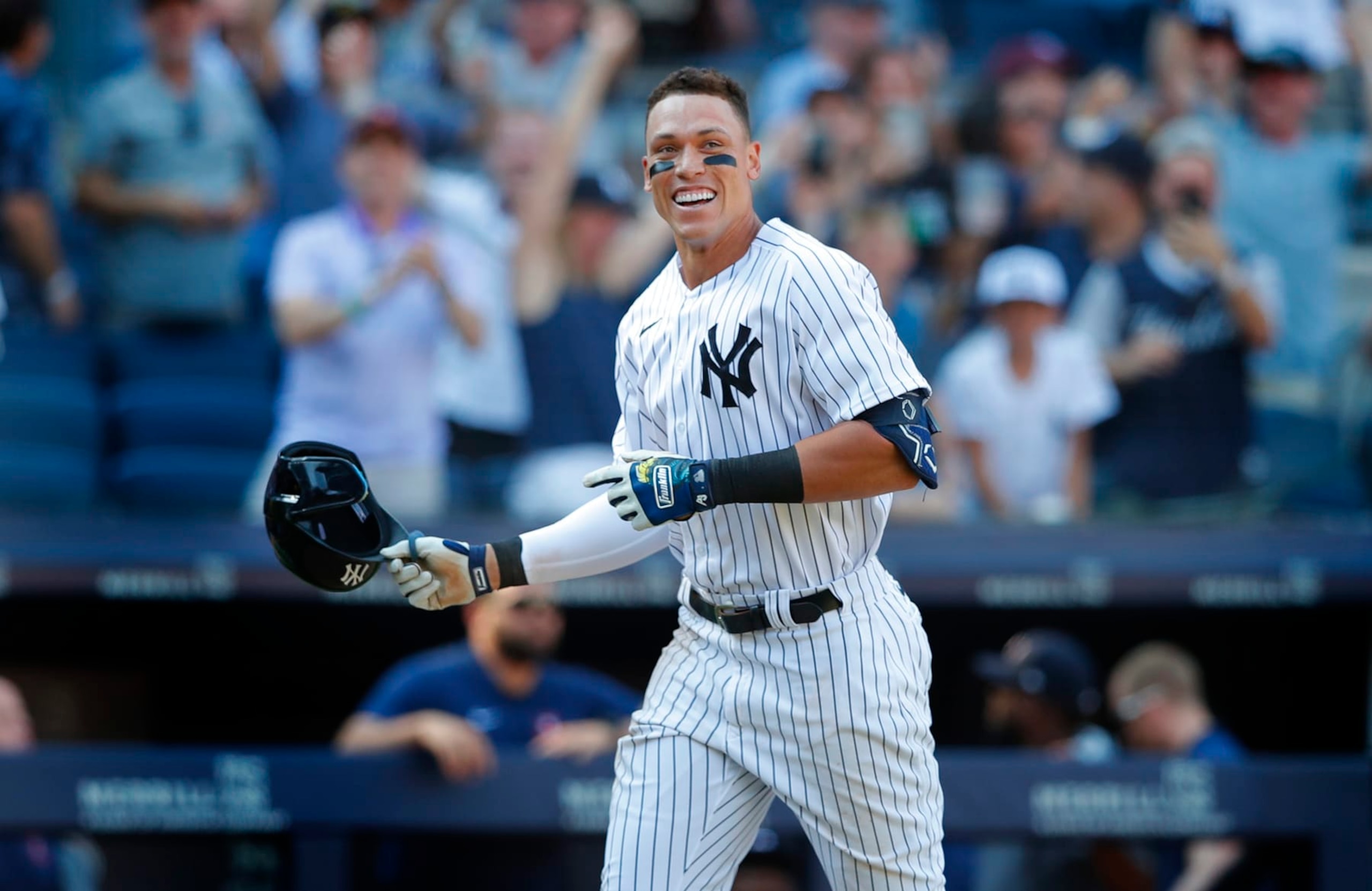 New York Yankees right fielder Aaron Judge (99) reacts after his walk-off home run against the Houston Astros during the tenth inning of a baseball game, Sunday, June 26, 2022, in New York. The New York Yankees won 6-3. (AP Photo/Noah K. Murray)