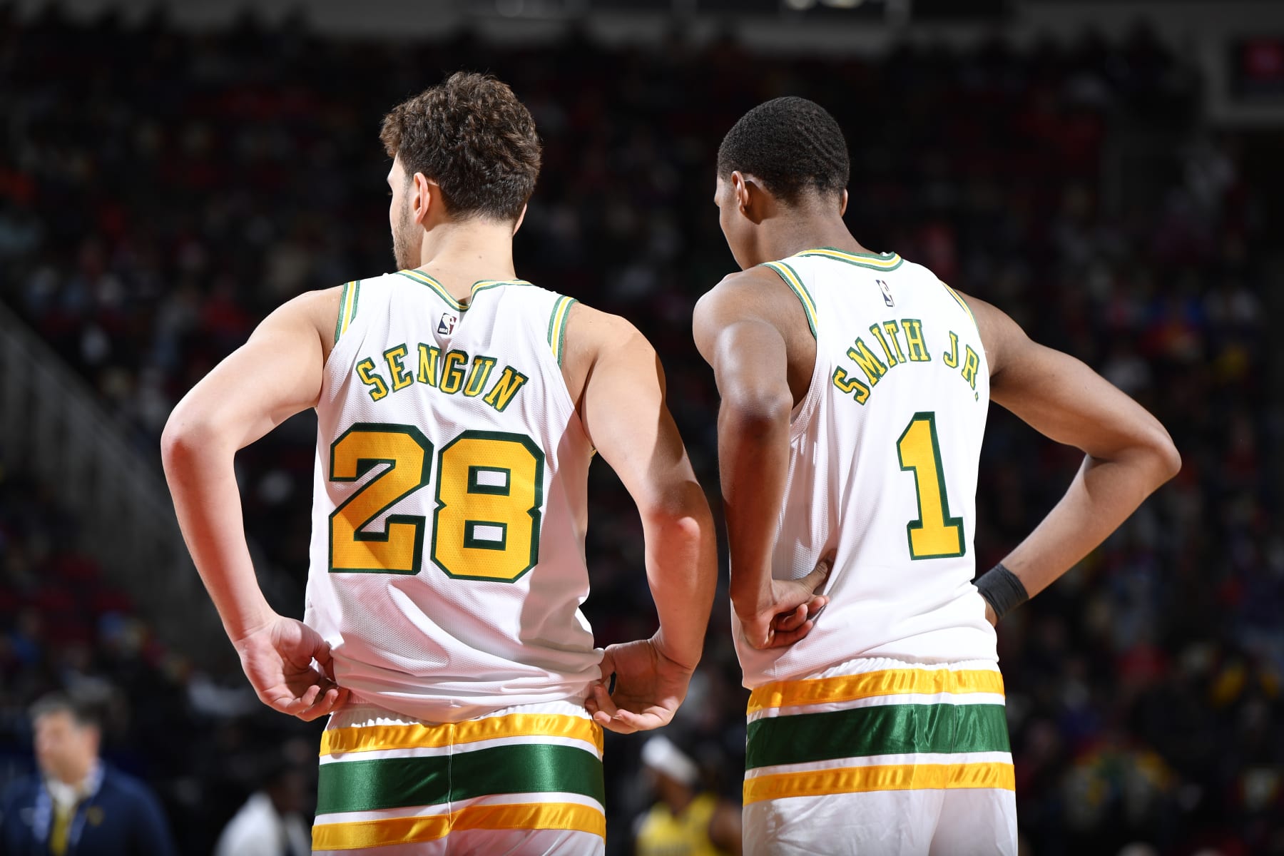HOUSTON, TX - NOVEMBER 18: Alperen Sengun #28 and Jabari Smith Jr. #1 of the Houston Rockets looks on during the game against the Indiana Pacers on November 18, 2022 at the Toyota Center in Houston, Texas. NOTE TO USER: User expressly acknowledges and agrees that, by downloading and or using this photograph, User is consenting to the terms and conditions of the Getty Images License Agreement. Mandatory Copyright Notice: Copyright 2022 NBAE (Photo by Logan Riely/NBAE via Getty Images)