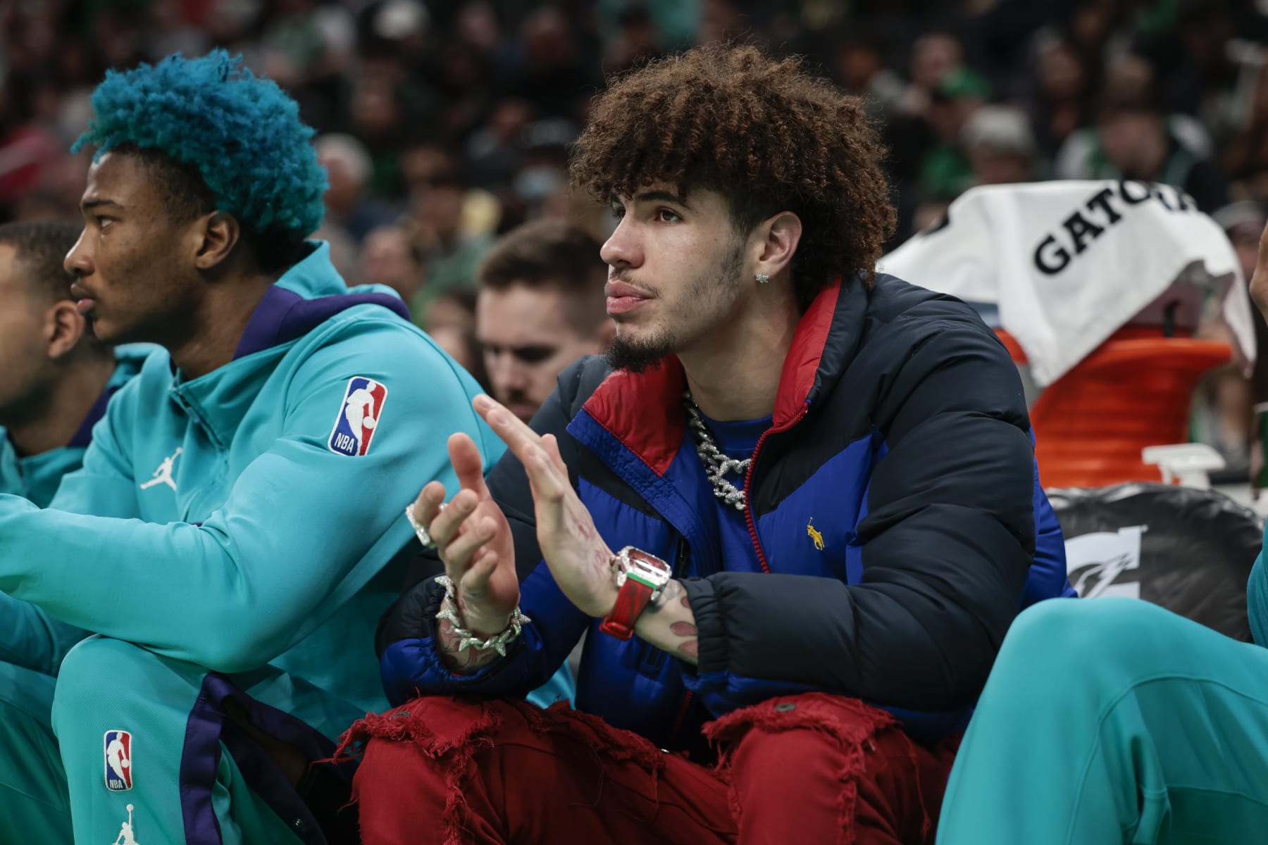 BOSTON, MA - NOVEMBER 28  LaMelo Ball #1 of the Charlotte Hornets looks on from the bench during a game against the Charlotte Hornets at TD Garden on November 28, 2022 in Boston, Massachusetts. NOTE TO USER: User expressly acknowledges and agrees that, by downloading and or using this photograph, User is consenting to the terms and conditions of the Getty Images License Agreement. (Photo by Adam Glanzman/Getty Images)
