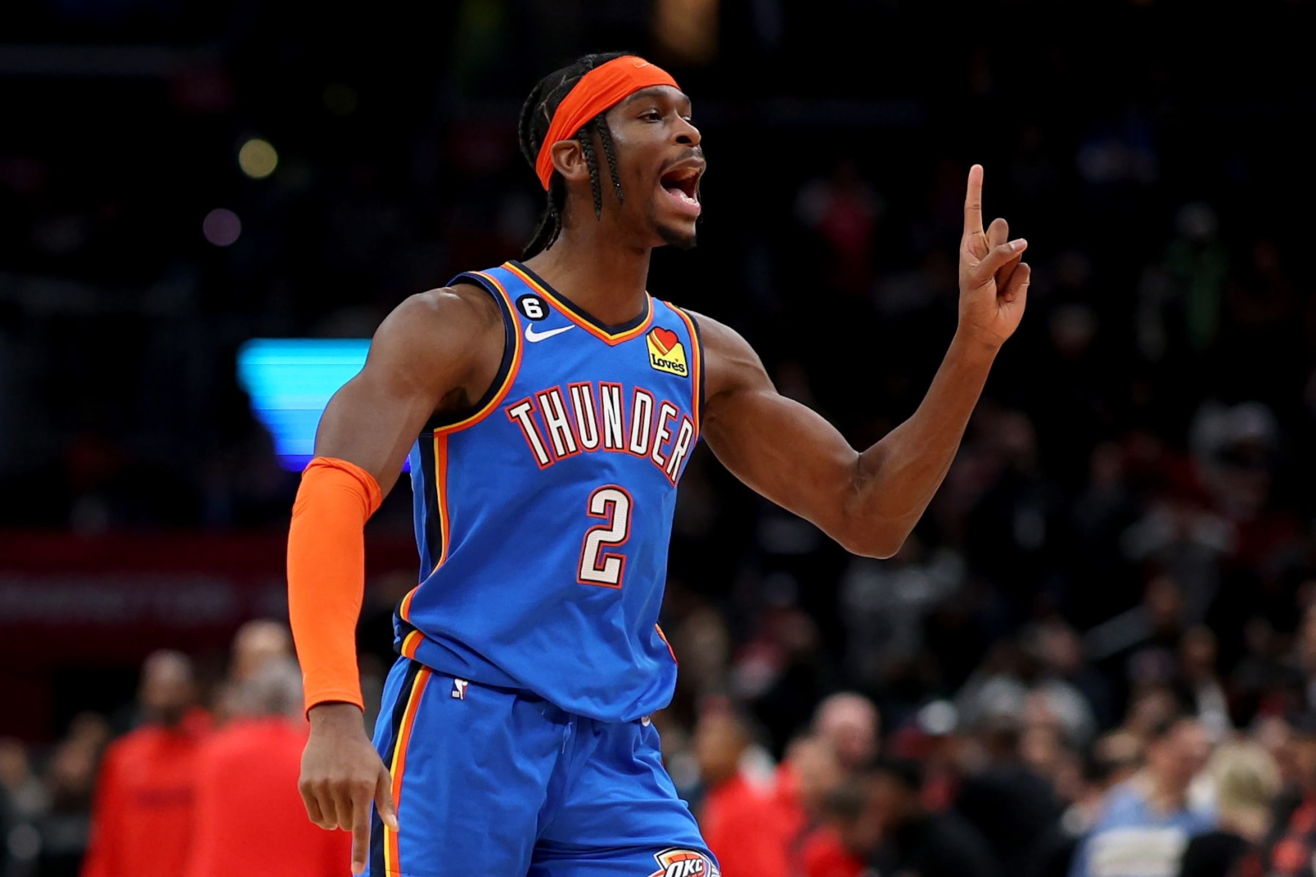 WASHINGTON, DC - NOVEMBER 16: Shai Gilgeous-Alexander #2 of the Oklahoma City Thunder celebrates after hitting the game winning shot against the Washington Wizards at Capital One Arena on November 16, 2022 in Washington, DC. NOTE TO USER: User expressly acknowledges and agrees that, by downloading and or using this photograph, User is consenting to the terms and conditions of the Getty Images License Agreement. (Photo by Rob Carr/Getty Images)