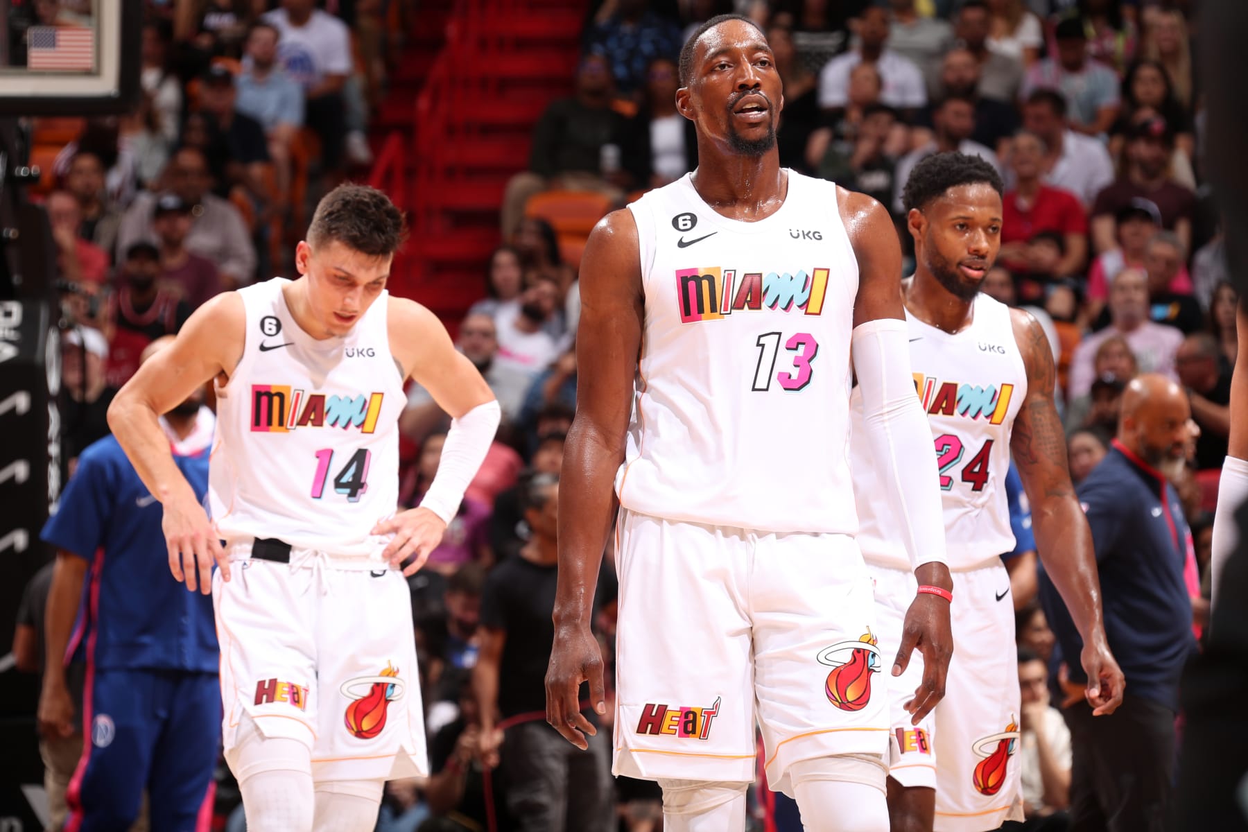 MIAMI, FL - NOVEMBER 25: Bam Adebayo #13 of the Miami Heat looks on during the game against the Washington Wizards on November 25, 2022 at FTX Arena in Miami, Florida. NOTE TO USER: User expressly acknowledges and agrees that, by downloading and or using this Photograph, user is consenting to the terms and conditions of the Getty Images License Agreement. Mandatory Copyright Notice: Copyright 2022 NBAE (Photo by Issac Baldizon/NBAE via Getty Images)