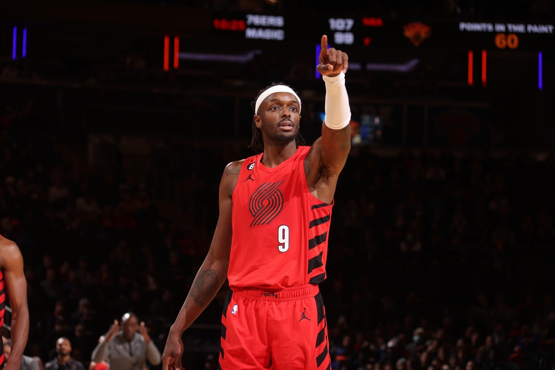 NEW YORK, NY - NOVEMBER 25: Jerami Grant #9 of the Portland Trail Blazers looks on during the game against the New York Knicks on November 25, 2022 at Madison Square Garden in New York City, New York.  NOTE TO USER: User expressly acknowledges and agrees that, by downloading and or using this photograph, User is consenting to the terms and conditions of the Getty Images License Agreement. Mandatory Copyright Notice: Copyright 2022 NBAE  (Photo by Nathaniel S. Butler/NBAE via Getty Images)
