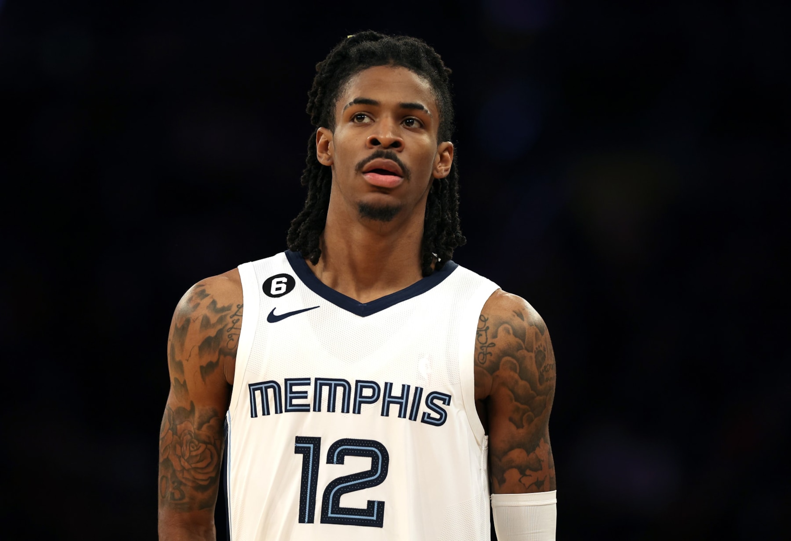 NEW YORK, NEW YORK - NOVEMBER 27:  Ja Morant #12 of the Memphis Grizzlies walks onto the court after a timeout during the game against the New York Knicks at Madison Square Garden on November 27, 2022 in New York City. (Photo by Jamie Squire/Getty Images)