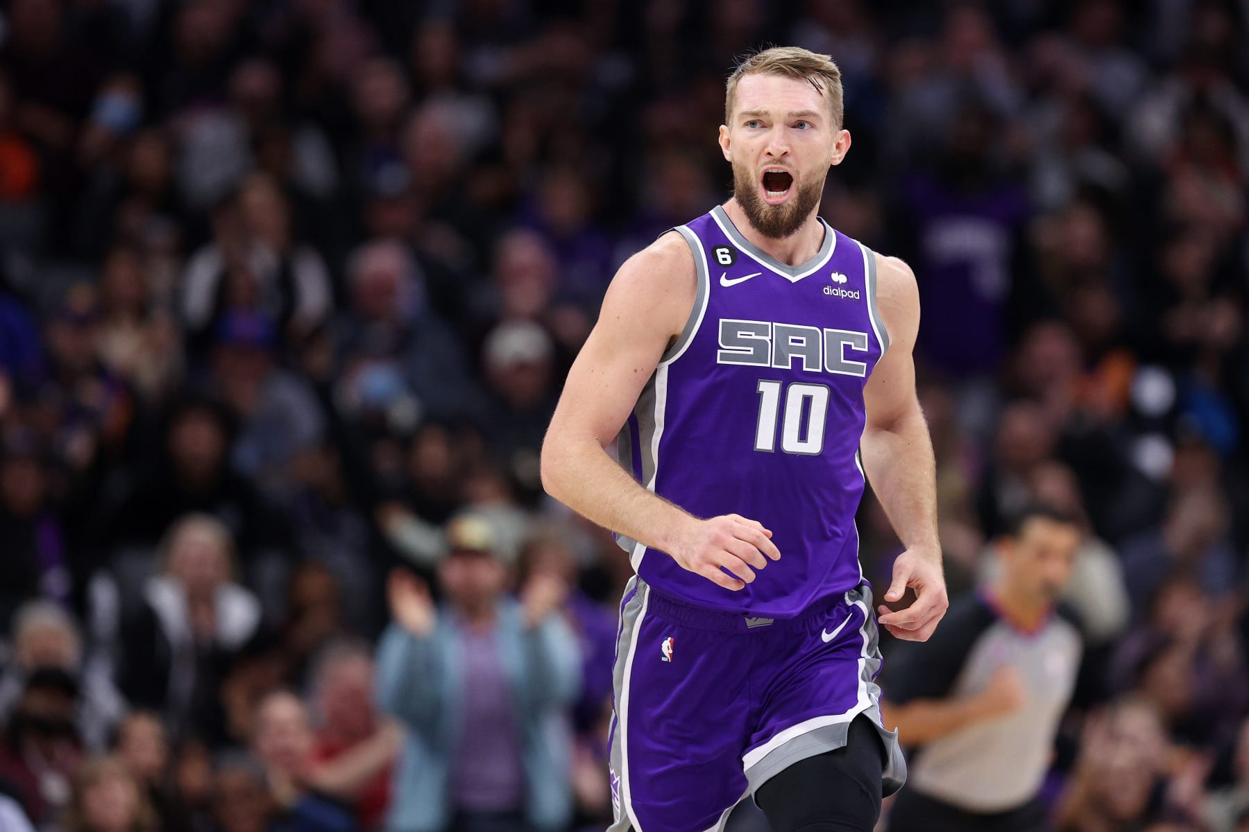 SACRAMENTO, CALIFORNIA - NOVEMBER 28: Domantas Sabonis #10 of the Sacramento Kings reacts after he made a basket against the Phoenix Suns at Golden 1 Center on November 28, 2022 in Sacramento, California. NOTE TO USER: User expressly acknowledges and agrees that, by downloading and or using this photograph, User is consenting to the terms and conditions of the Getty Images License Agreement.  (Photo by Ezra Shaw/Getty Images)