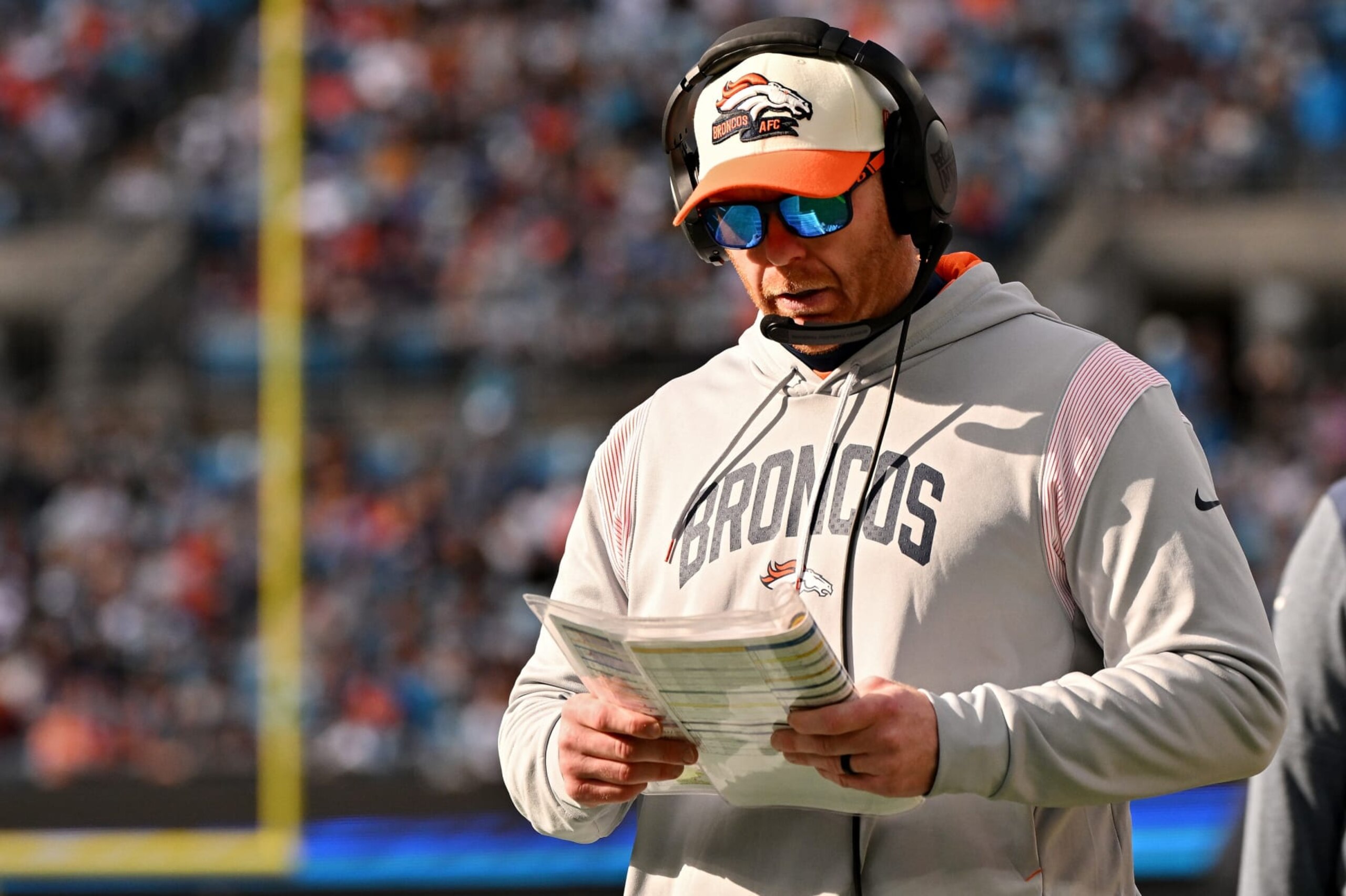 CHARLOTTE, NORTH CAROLINA - NOVEMBER 27: Head coach Nathaniel Hackett of the Denver Broncos reacts during the first half against the Carolina Panthers at Bank of America Stadium on November 27, 2022 in Charlotte, North Carolina. (Photo by Grant Halverson/Getty Images)