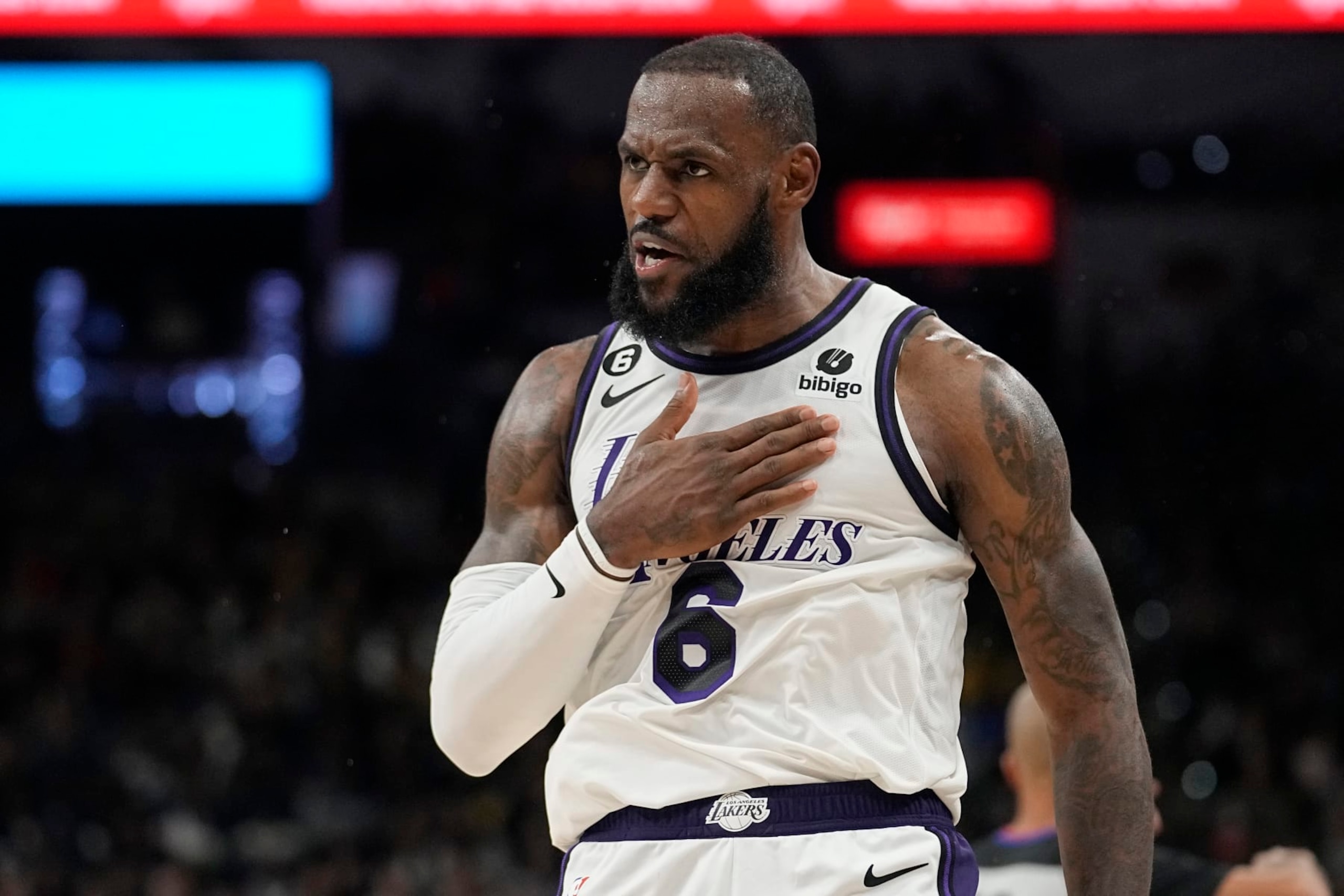Los Angeles Lakers forward LeBron James (6) celebrates a score against the San Antonio Spurs during the second half of an NBA basketball game in San Antonio, Saturday, Nov. 26, 2022. (AP Photo/Eric Gay)