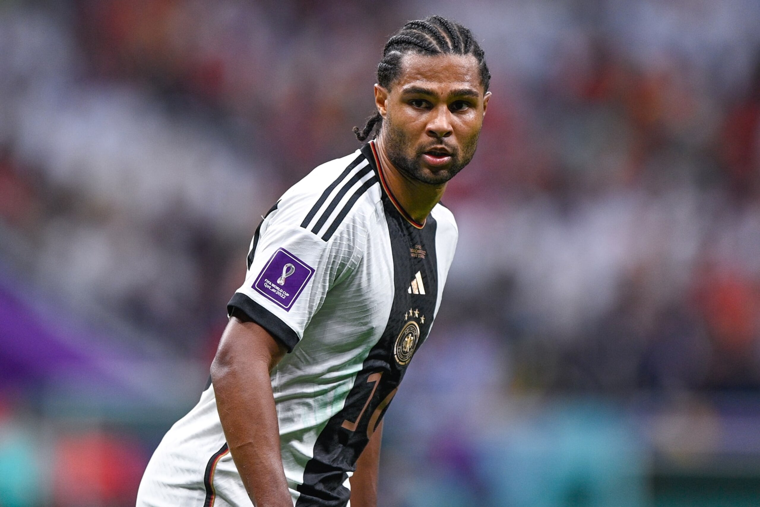 AL KHOR, QATAR - NOVEMBER 28: Serge Gnabry of Germany looks on during the Group E - FIFA World Cup Qatar 2022 match between Spain and Germany at the Al Bayt Stadium on November 28, 2022 in Al Khor, Qatar (Photo by Pablo Morano/BSR Agency/Getty Images) AL KHOR, QATAR - NOVEMBER 28: Serge Gnabry of Germany looks on during the Group E - FIFA World Cup Qatar 2022 match between Spain and Germany at the Al Bayt Stadium on November 28, 2022 in Al Khor, Qatar (Photo by Pablo Morano/BSR Agency/Getty Images)