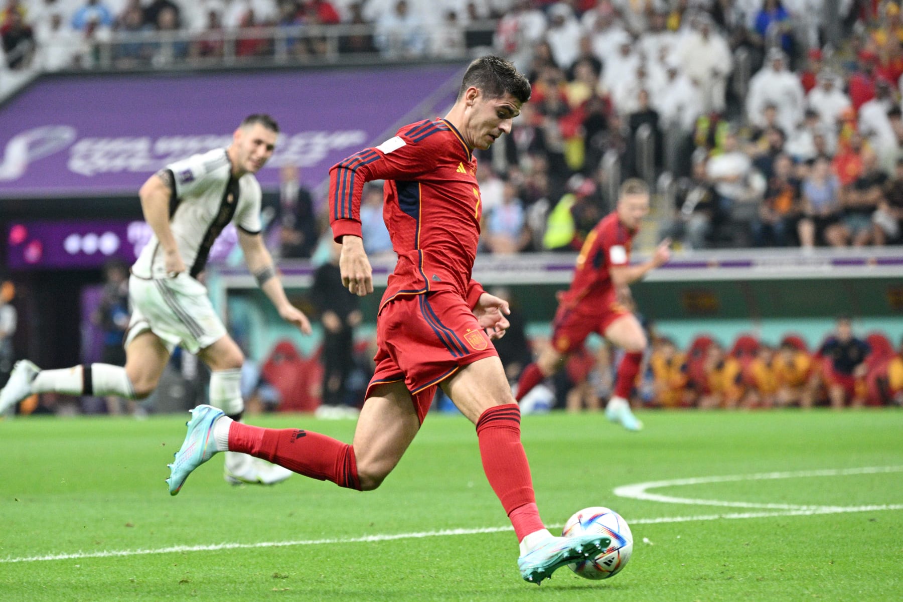 AL KHOR, QATAR - NOVEMBER 27: Alvaro Morata of Spain in action during the FIFA World Cup Qatar 2022 Group E match between Spain and Germany at Al Bayt Stadium on November 27, 2022 in Al Khor, Qatar. (Photo by Lionel Hahn/Getty Images)