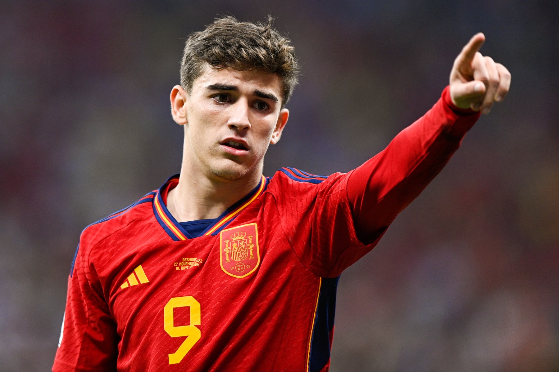 AL KHOR, QATAR - NOVEMBER 28: Gavi of Spain coaches his teammates during the Group E - FIFA World Cup Qatar 2022 match between Spain and Germany at the Al Bayt Stadium on November 28, 2022 in Al Khor, Qatar (Photo by Pablo Morano/BSR Agency/Getty Images)
