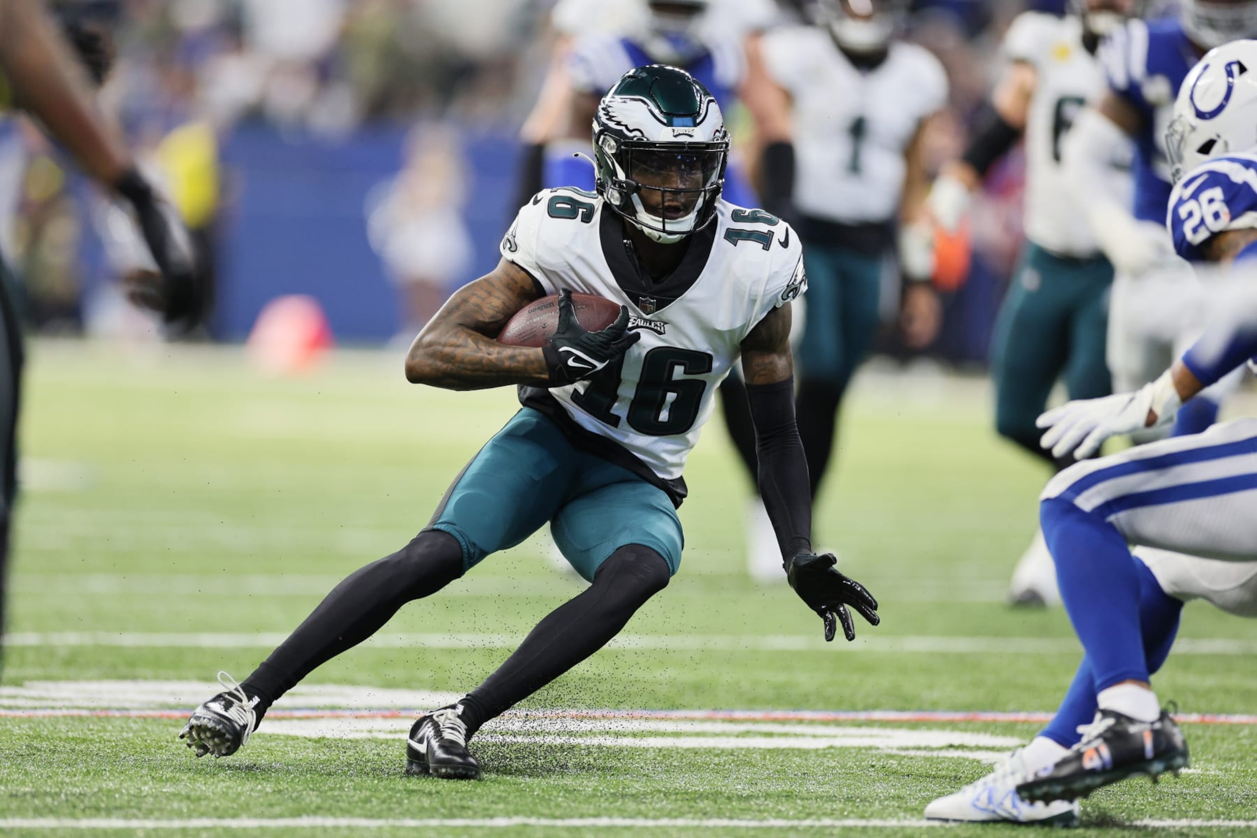 INDIANAPOLIS, INDIANA - NOVEMBER 20: Quez Watkins #16 of the Philadelphia Eagles runs upfield after a catch during the first quarter against the Indianapolis Colts at Lucas Oil Stadium on November 20, 2022 in Indianapolis, Indiana. (Photo by Andy Lyons/Getty Images)