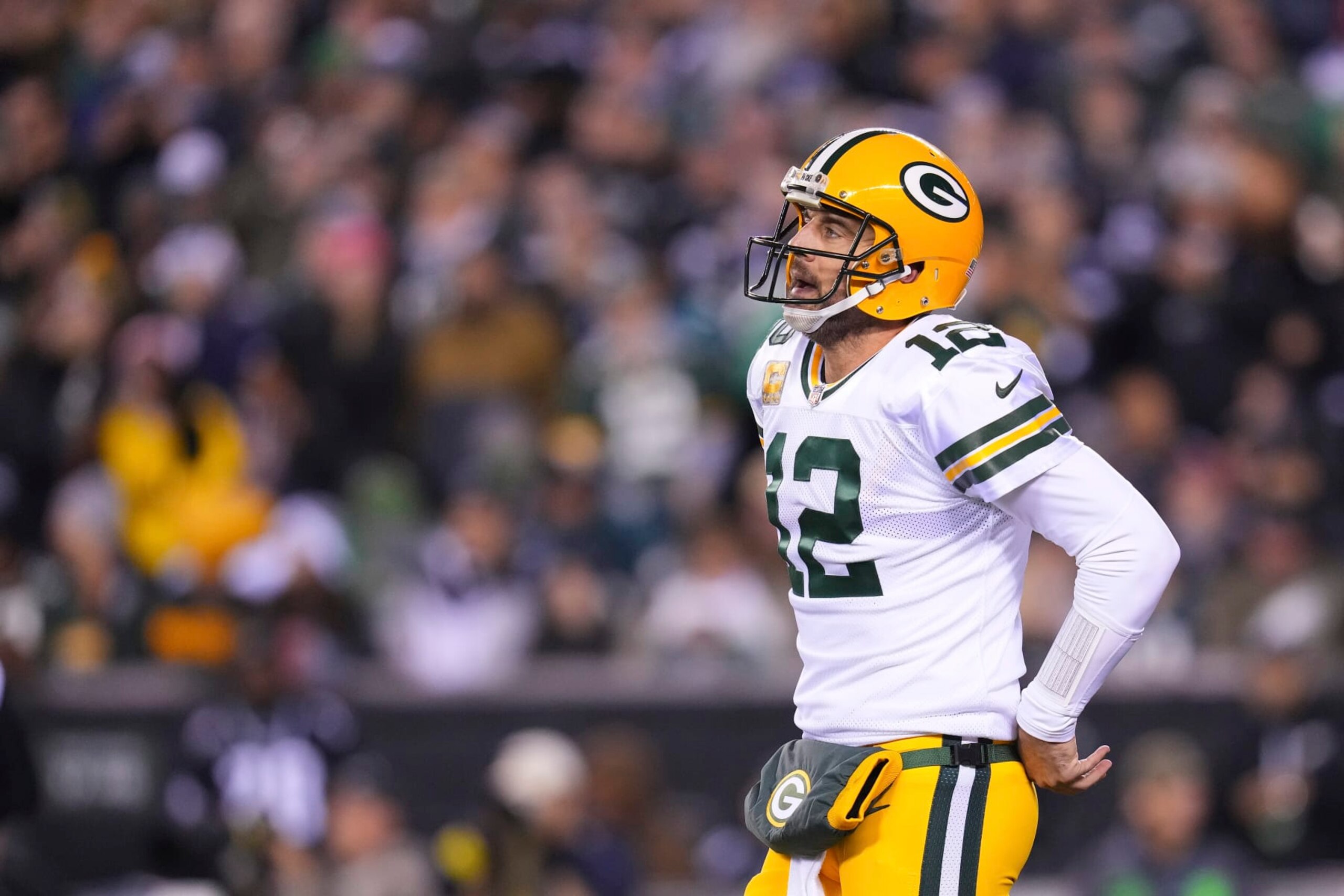 PHILADELPHIA, PA - NOVEMBER 27: Aaron Rodgers #12 of the Green Bay Packers reacts against the Philadelphia Eagles at Lincoln Financial Field on November 27, 2022 in Philadelphia, Pennsylvania. (Photo by Mitchell Leff/Getty Images) PHILADELPHIA, PA - NOVEMBER 27: Aaron Rodgers #12 of the Green Bay Packers reacts against the Philadelphia Eagles at Lincoln Financial Field on November 27, 2022 in Philadelphia, Pennsylvania. (Photo by Mitchell Leff/Getty Images)