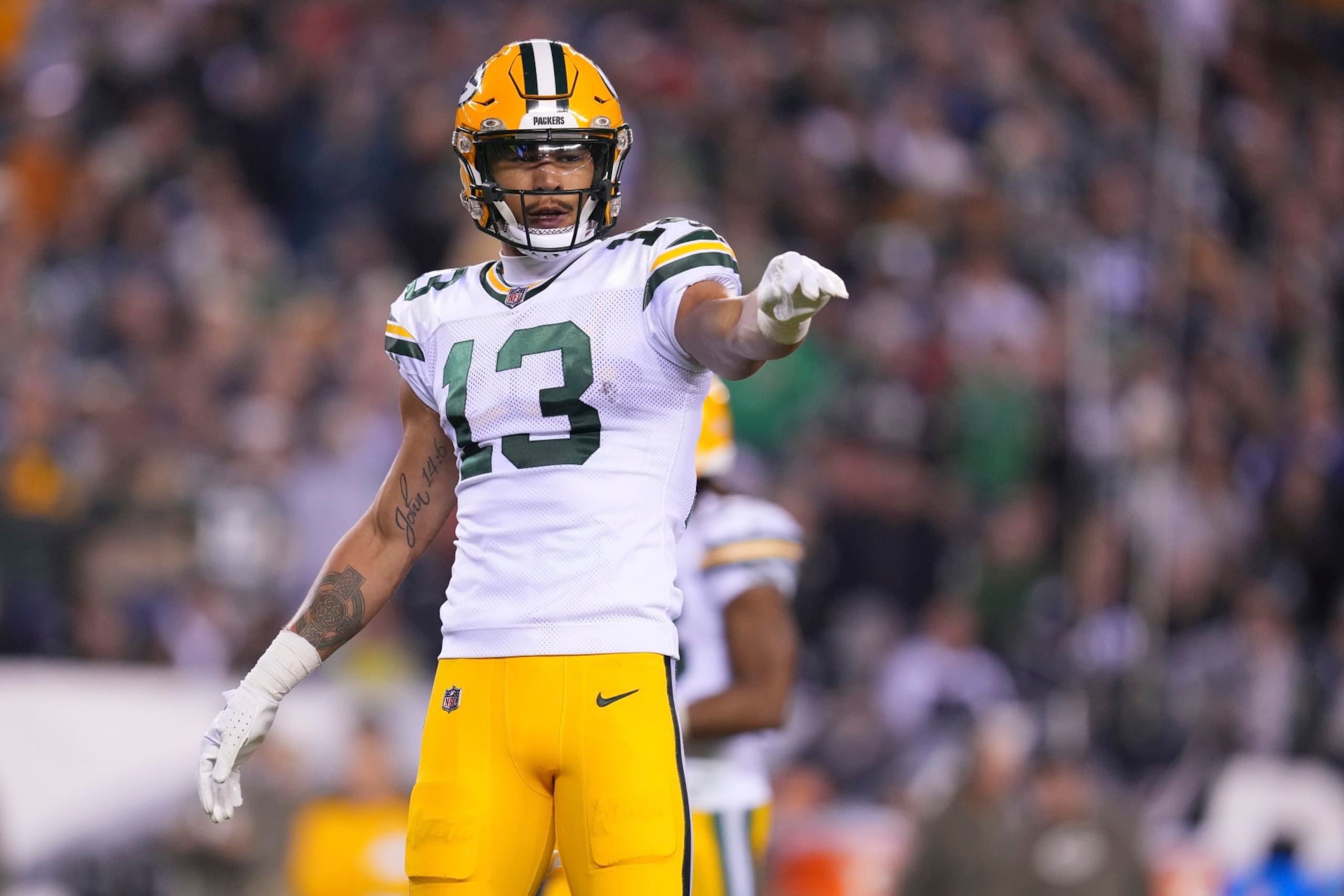 PHILADELPHIA, PA - NOVEMBER 27: Allen Lazard #13 of the Green Bay Packers points against the Philadelphia Eagles at Lincoln Financial Field on November 27, 2022 in Philadelphia, Pennsylvania. (Photo by Mitchell Leff/Getty Images) PHILADELPHIA, PA - NOVEMBER 27: Allen Lazard #13 of the Green Bay Packers points against the Philadelphia Eagles at Lincoln Financial Field on November 27, 2022 in Philadelphia, Pennsylvania. (Photo by Mitchell Leff/Getty Images)