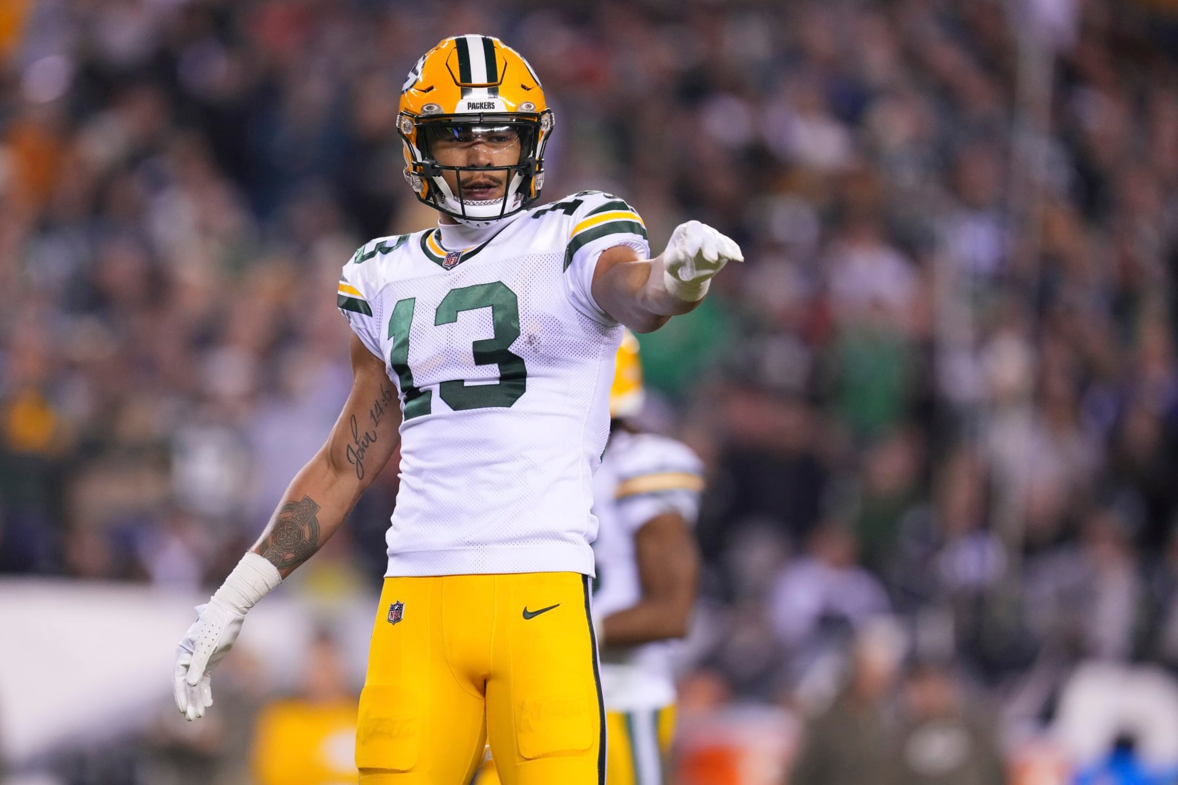 PHILADELPHIA, PA - NOVEMBER 27: Allen Lazard #13 of the Green Bay Packers points against the Philadelphia Eagles at Lincoln Financial Field on November 27, 2022 in Philadelphia, Pennsylvania. (Photo by Mitchell Leff/Getty Images)