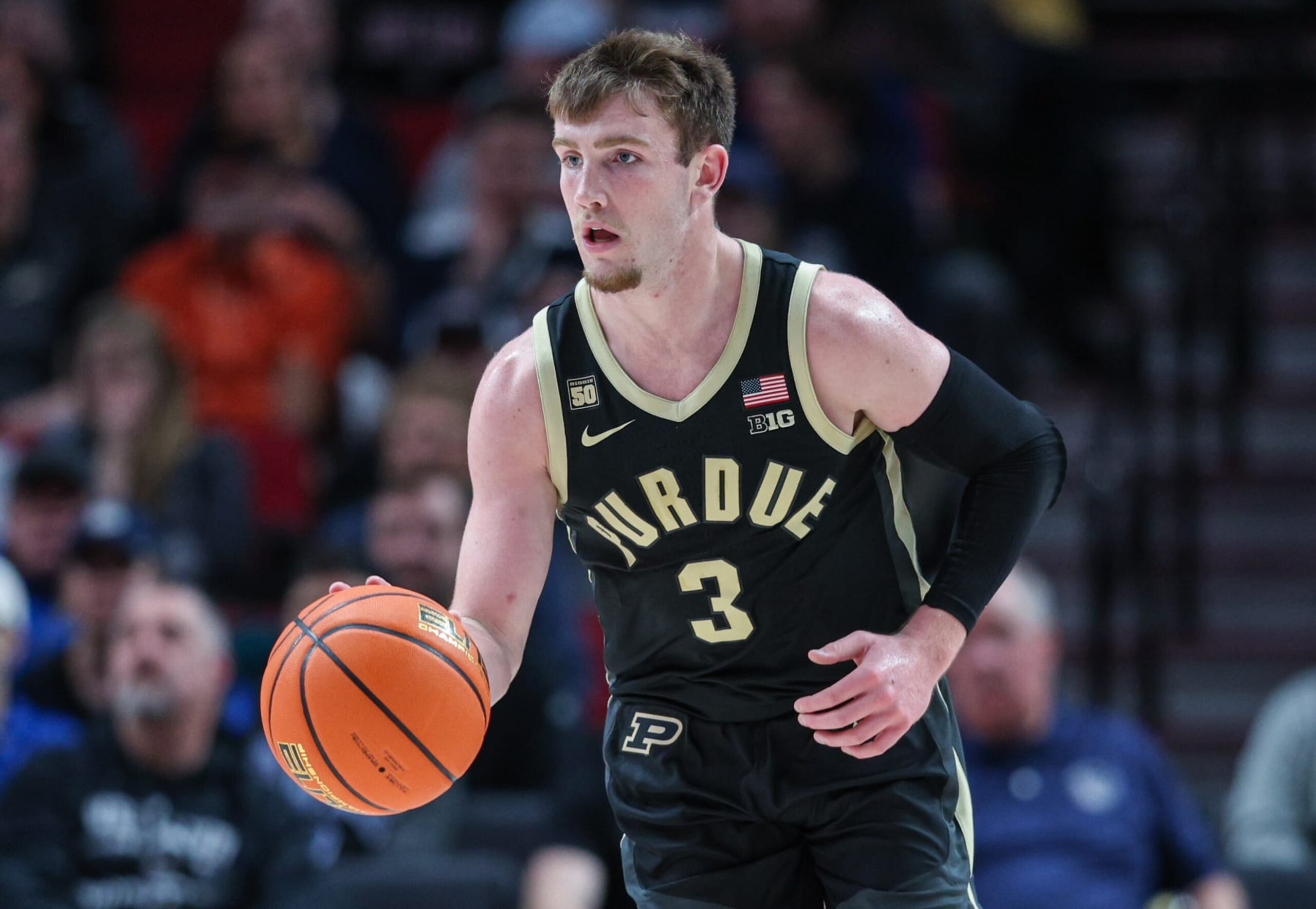 PORTLAND, OR - NOVEMBER 25: Braden Smith #3 of the Purdue Boilermakers brings the ball up court during the game against the Gonzaga Bulldogs at Moda Center on November 25, 2022 in Portland, Oregon. (Photo by Michael Hickey/Getty Images)