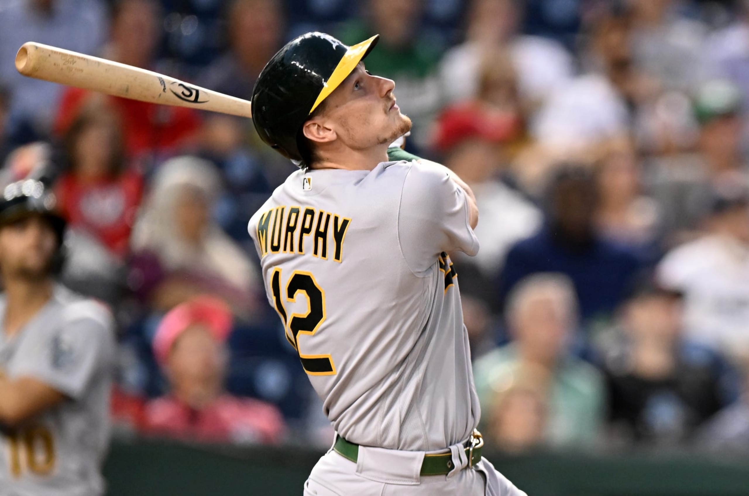 WASHINGTON, DC - AUGUST 31: Sean Murphy #12 of the Oakland Athletics bats against the Washington Nationals at Nationals Park on August 31, 2022 in Washington, DC. (Photo by G Fiume/Getty Images)