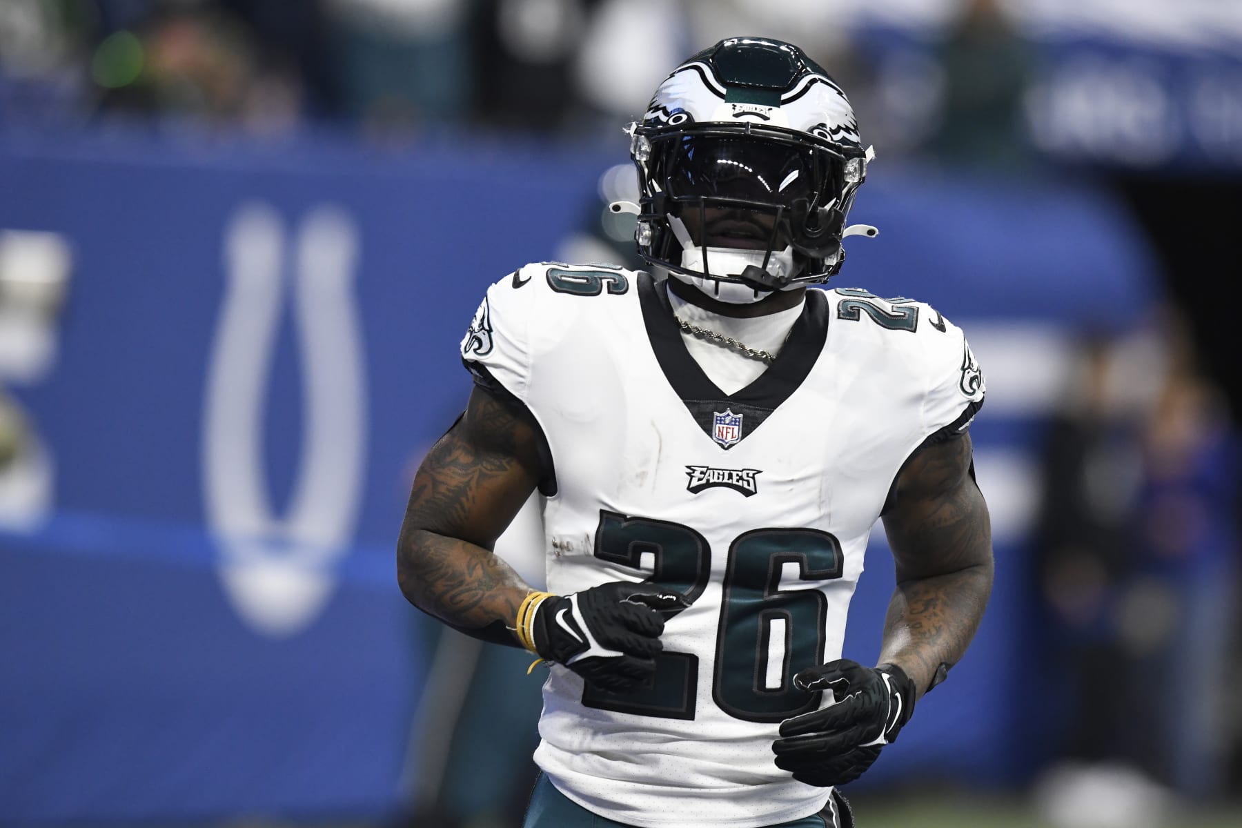 INDIANAPOLIS, IN - NOVEMBER 20: Philadelphia Eagles Running Back Miles Sanders (26) warms up for the NFL football game between the Philadelphia Eagles and the Indianapolis Colts on November 20, 2022, at Lucas Oil Stadium in Indianapolis, Indiana. (Photo by Michael Allio/Icon Sportswire via Getty Images) INDIANAPOLIS, IN - NOVEMBER 20: Philadelphia Eagles Running Back Miles Sanders (26) warms up for the NFL football game between the Philadelphia Eagles and the Indianapolis Colts on November 20, 2022, at Lucas Oil Stadium in Indianapolis, Indiana. (Photo by Michael Allio/Icon Sportswire via Getty Images)