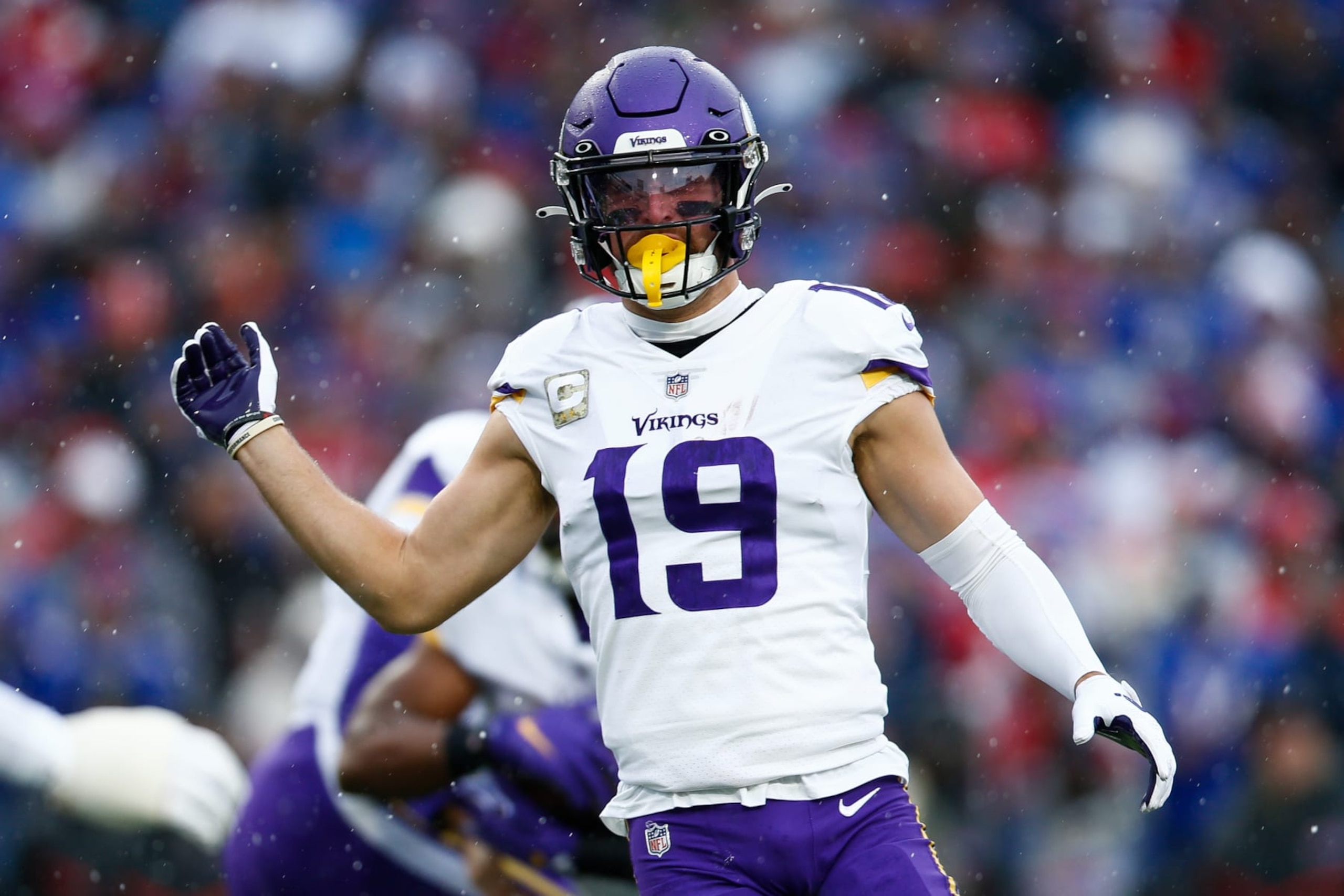 ORCHARD PARK, NY - NOVEMBER 13: Adam Thielen #19 of the Minnesota Vikings lines up against the Buffalo Bills at Highmark Stadium on November 13, 2022 in Orchard Park, New York. (Photo by Isaiah Vazquez/Getty Images)