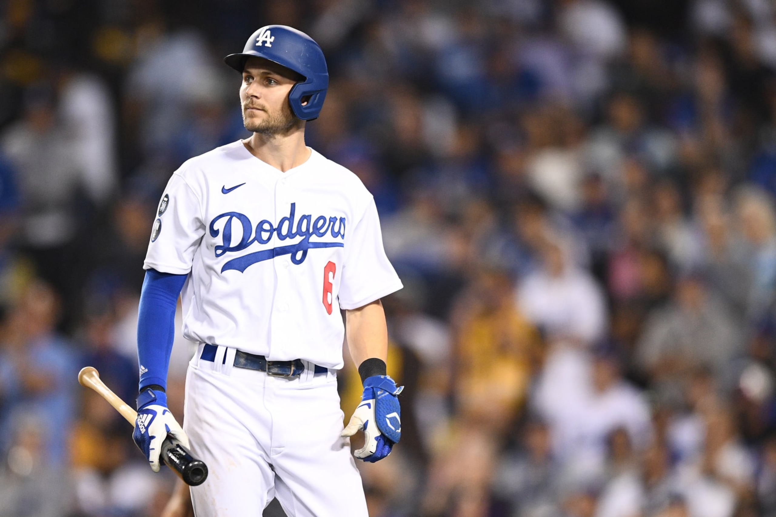 LOS ANGELES, CA - OCTOBER 12: Los Angeles Dodgers shortstop Trea Turner (6) walks back to the dugout after striking out during the NLDS Game 2 between the San Diego Padres and the Los Angeles Dodgers on October 12, 2022 at Dodger Stadium in Los Angeles, CA. (Photo by Brian Rothmuller/Icon Sportswire via Getty Images)
