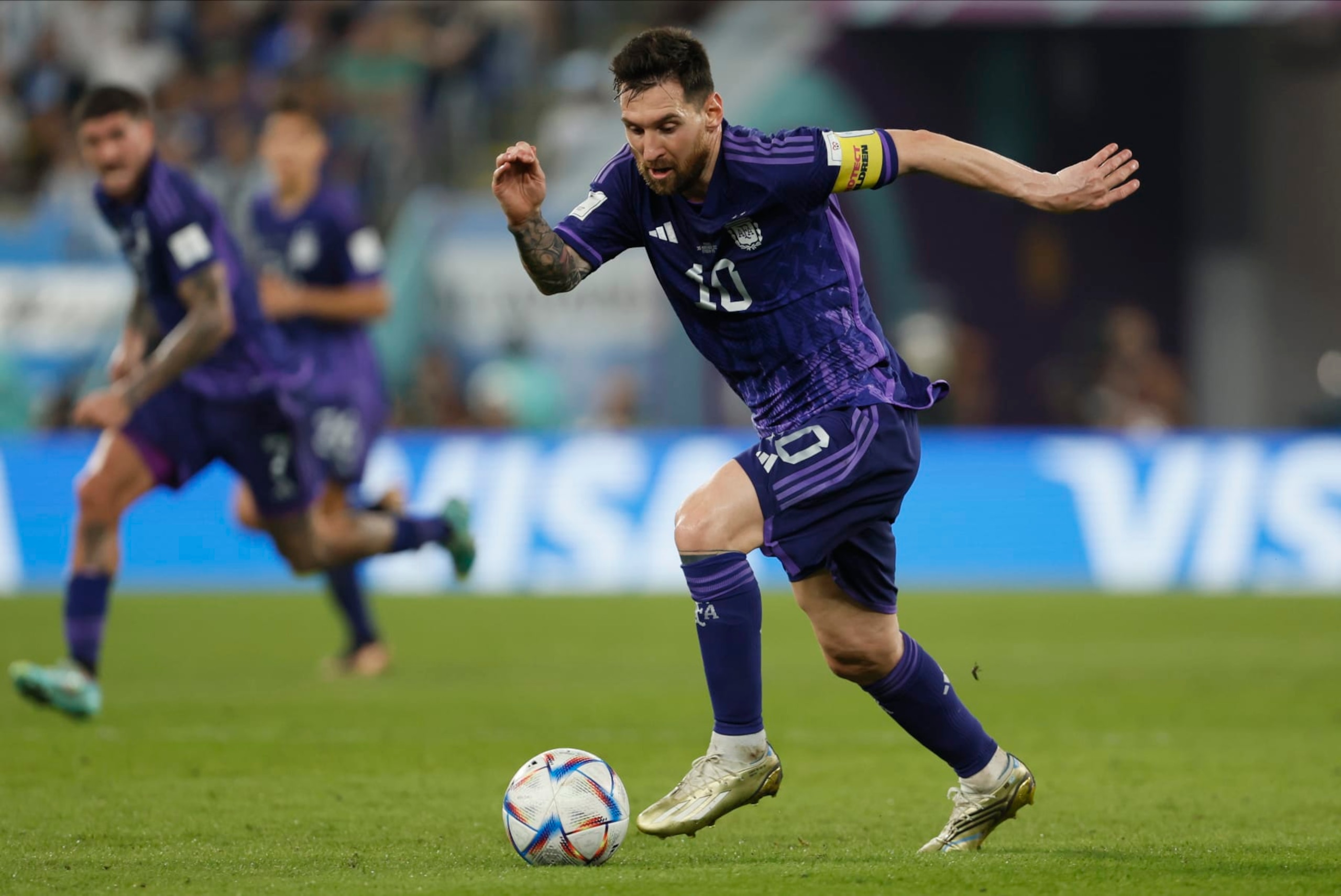 DOHA, QATAR - NOVEMBER 30: Lionel Messi of Argentina on the ball during the FIFA World Cup Qatar 2022 Group C match between Poland and Argentina at Stadium 974 on November 30, 2022 in Doha, Qatar. (Photo by Richard Sellers/Getty Images)