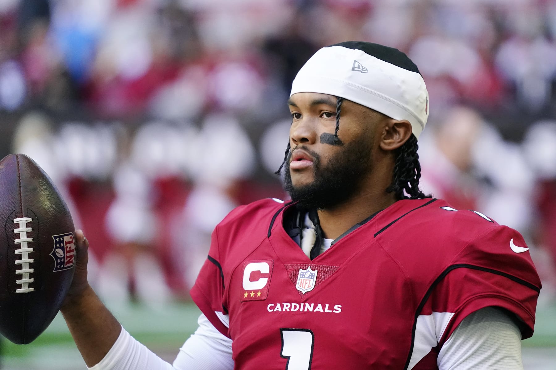 Arizona Cardinals quarterback Kyler Murray warms up prior to an NFL football game against the Los Angeles Chargers in Glendale, Ariz., Sunday, Nov. 27, 2022. (AP Photo/Ross D. Franklin)