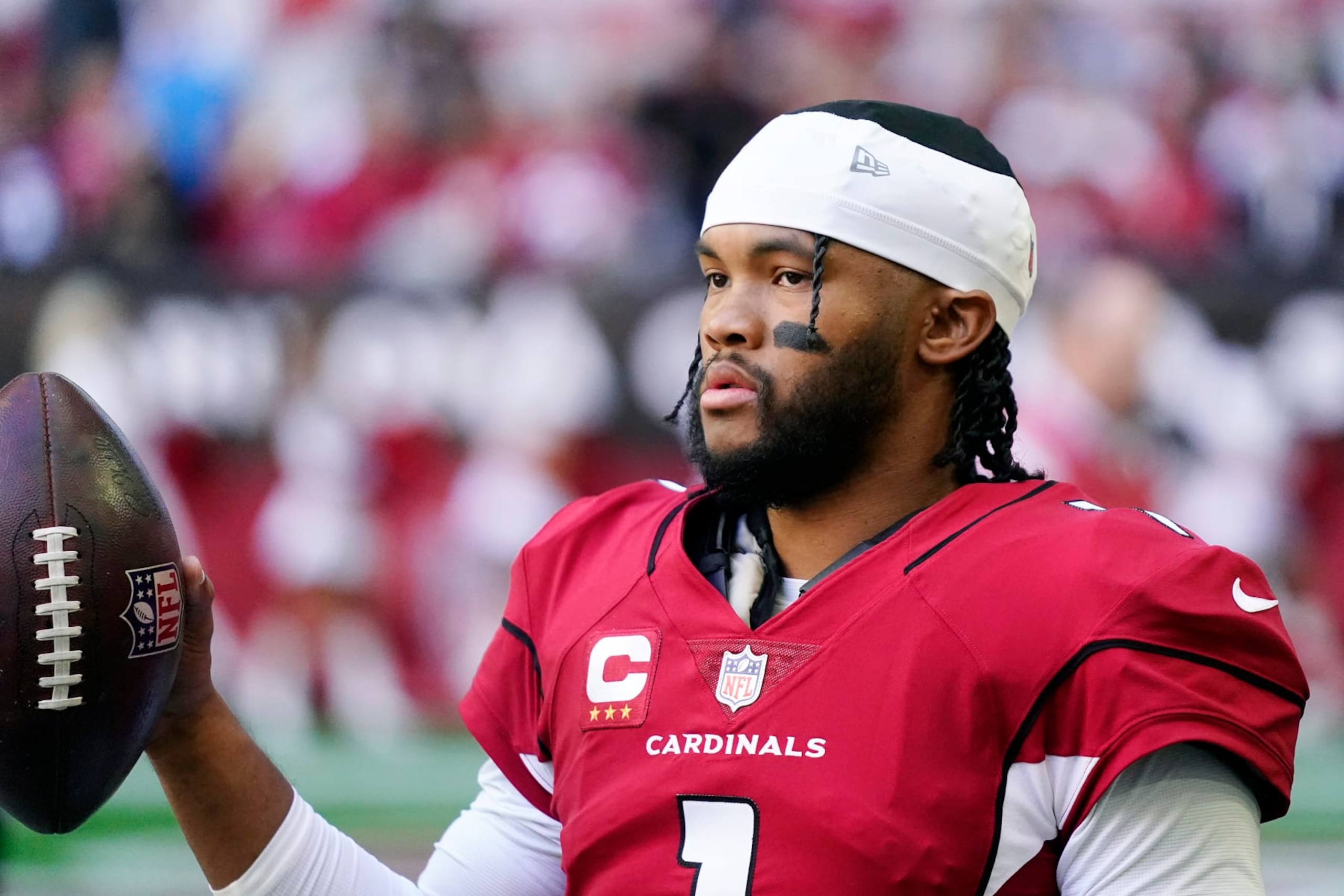 Arizona Cardinals quarterback Kyler Murray warms up prior to an NFL football game against the Los Angeles Chargers in Glendale, Ariz., Sunday, Nov. 27, 2022. (AP Photo/Ross D. Franklin)