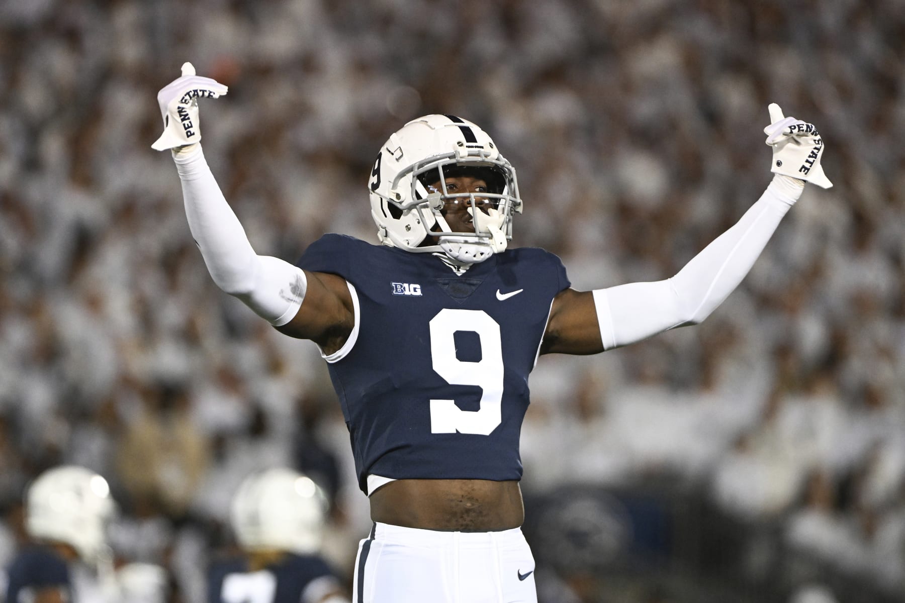 Penn State cornerback Joey Porter Jr. (9) lines up against Minnesota in the first half of an NCAA college football game, Saturday, Oct. 22, 2022, in State College, Pa. (AP Photo/Barry Reeger)