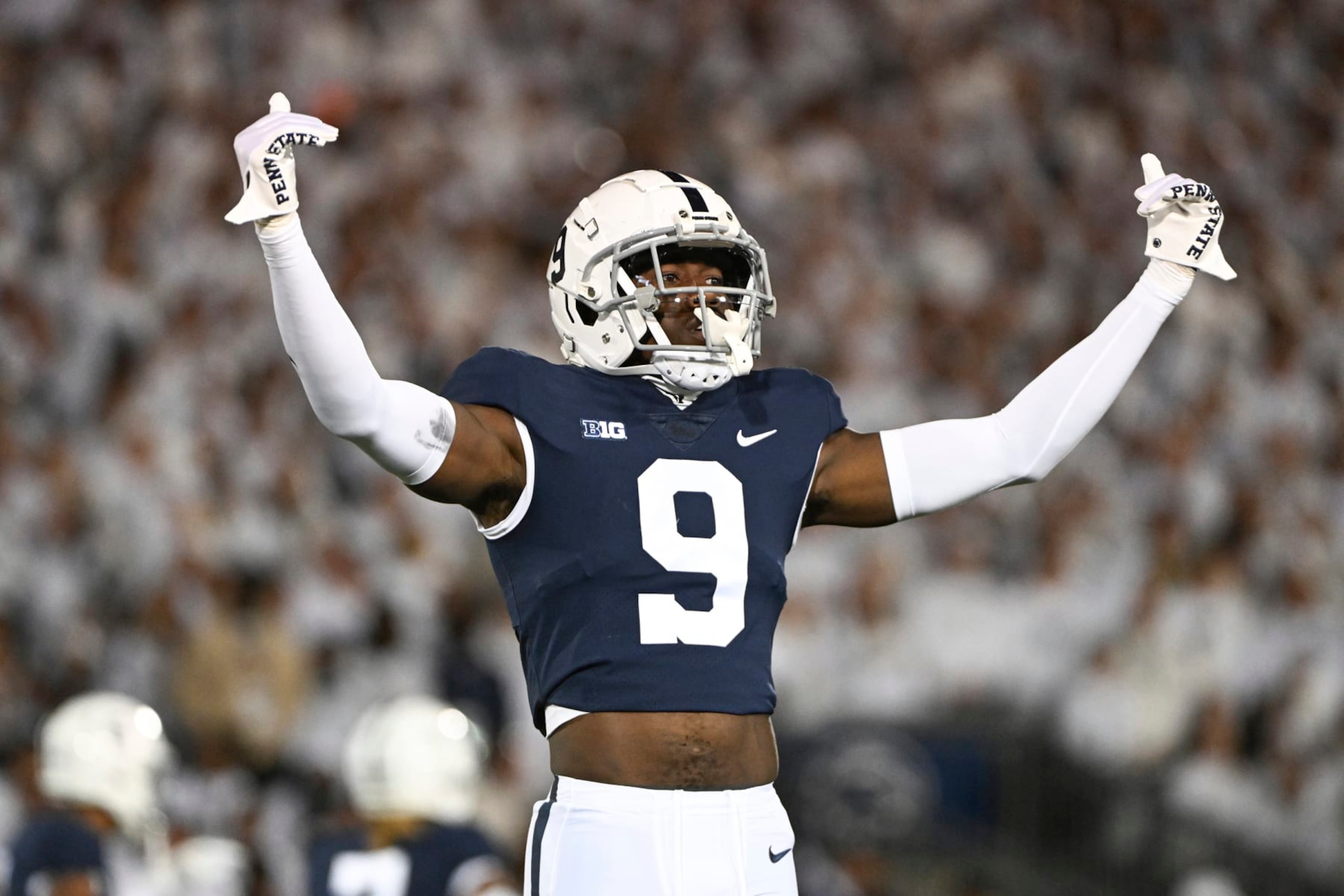 Penn State cornerback Joey Porter Jr. (9) lines up against Minnesota in the first half of an NCAA college football game, Saturday, Oct. 22, 2022, in State College, Pa. (AP Photo/Barry Reeger)